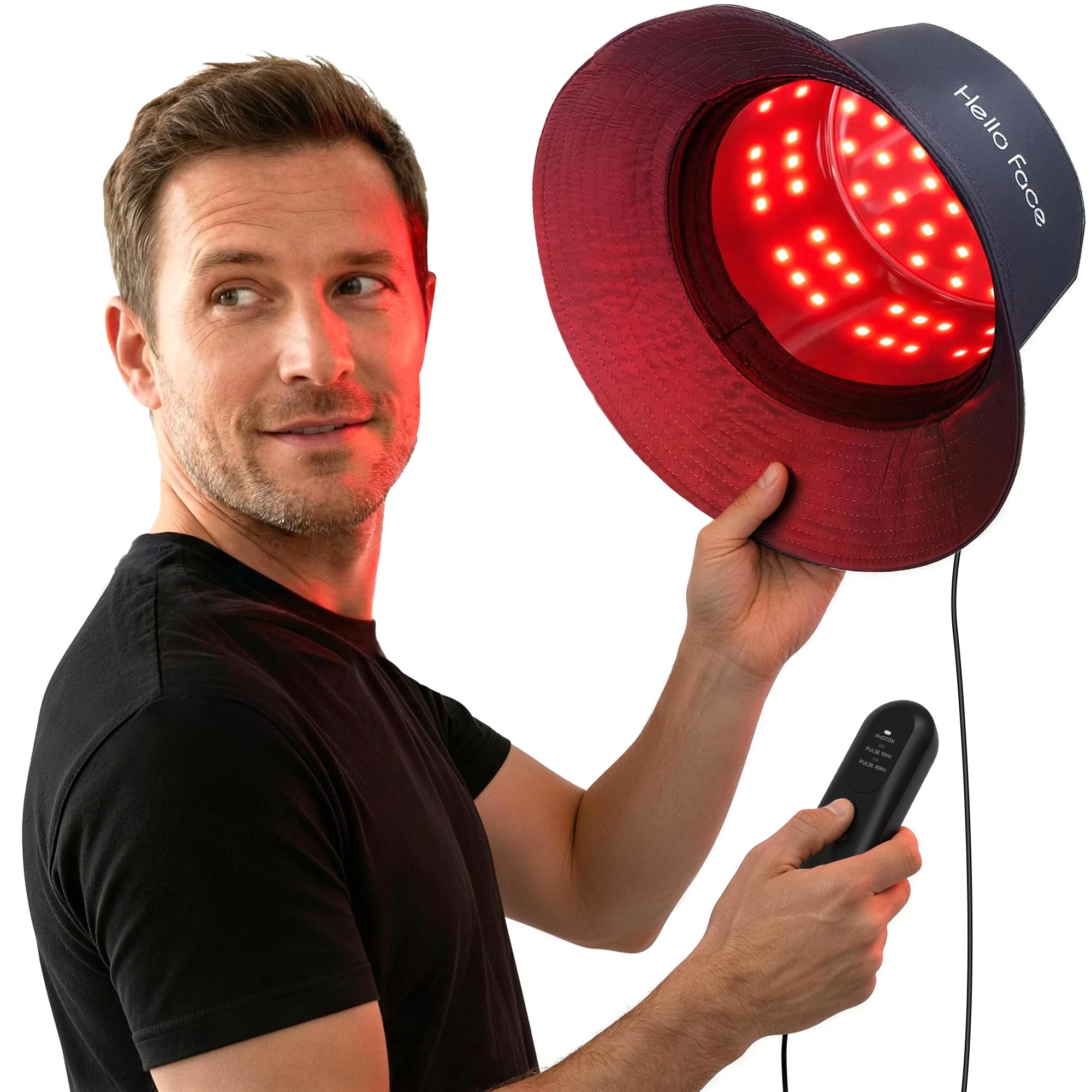 Rotlicht Kappe für Haare und Kopfhaut, Infrarot Haarhelm mit 336 LEDs (660nm & 850nm), Diskreter Rotlichttherapie Hut mit Controller, Fischerhut-Design bis 62cm