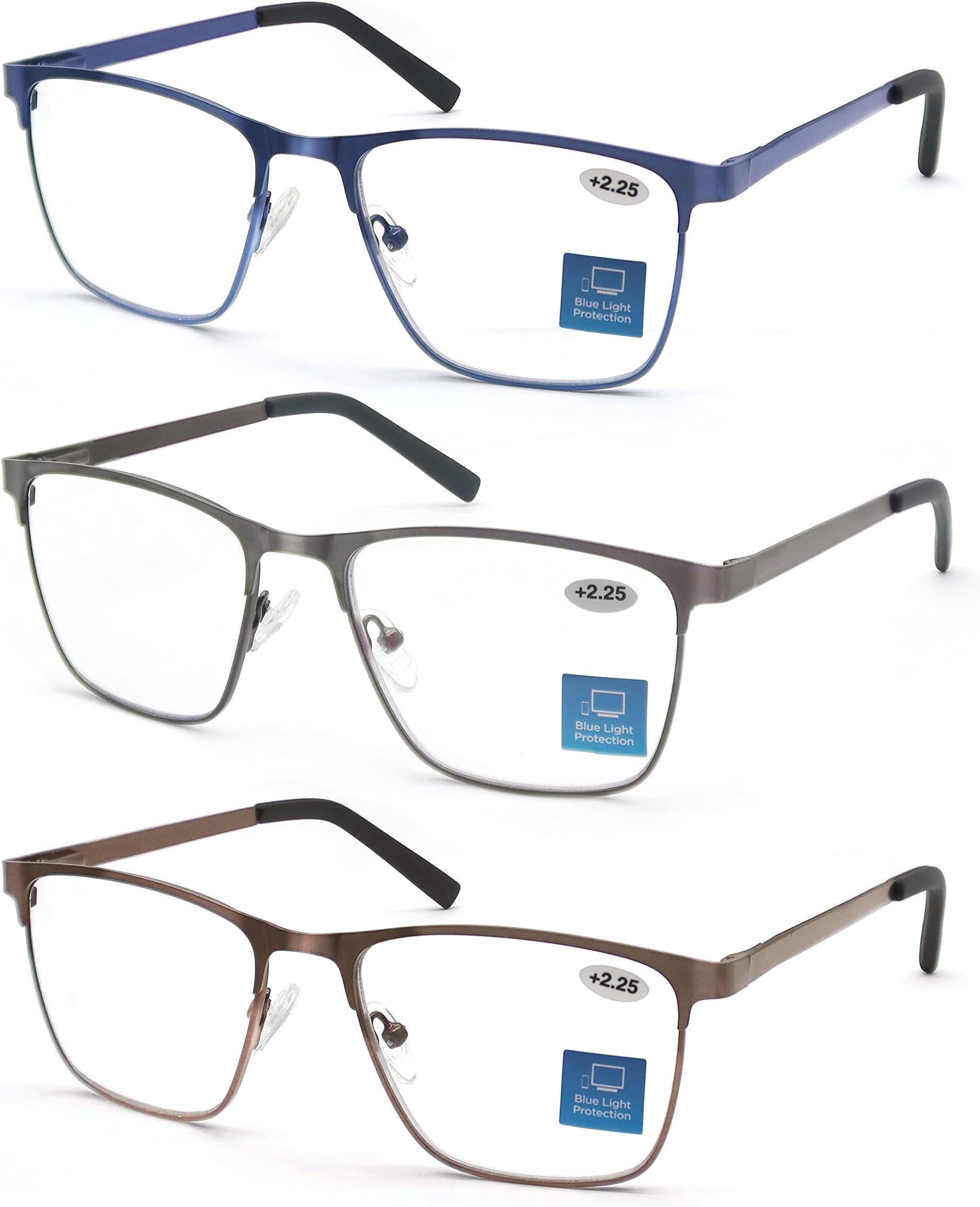 MODFANS 3-Pack Reading Glasses Men Blue Light Blocking Metal Frame Rectangle Style Stainless Steel Material Spring Hinges Includes Computer Readers