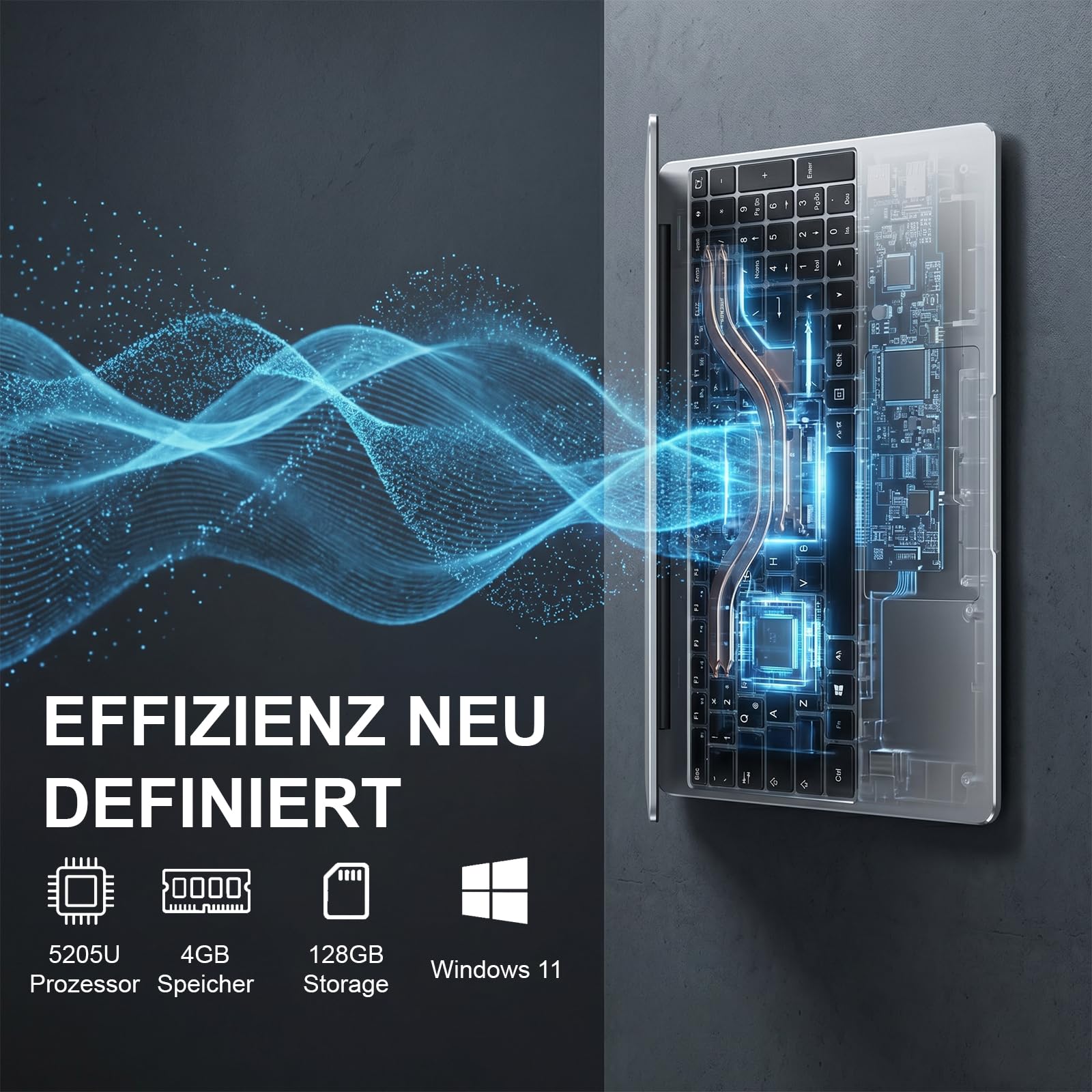 Laptop 15.6 Zoll Windows 11 Notebook mit Deutscher Tastatur 5205U Prozessor 4GB RAM 128GB ROM