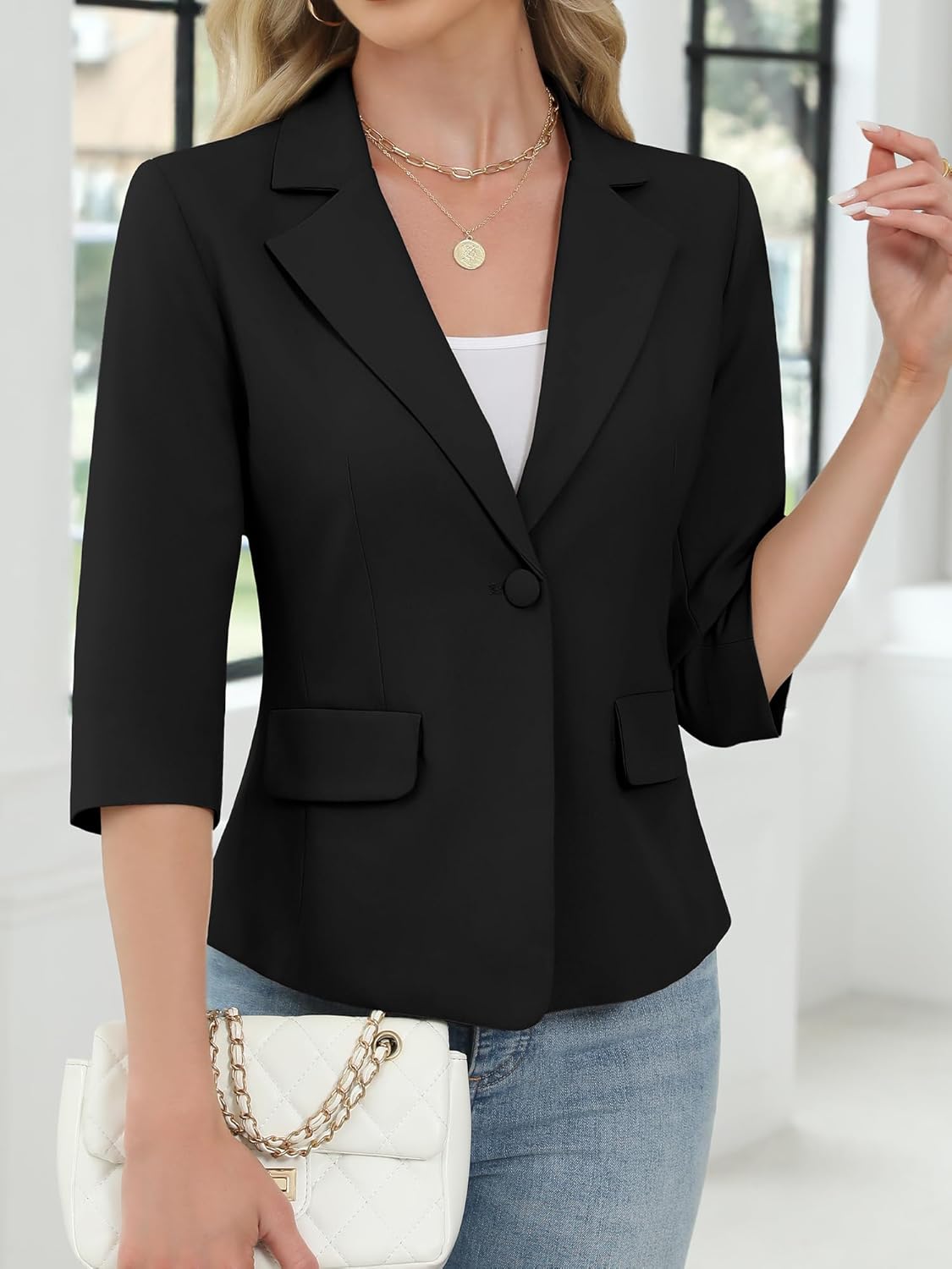 ELLEVEN Women's 3/4 Sleeve Blazer, Lightweight Slim Fit Suit Business Casual Jacket for Work - Image 4