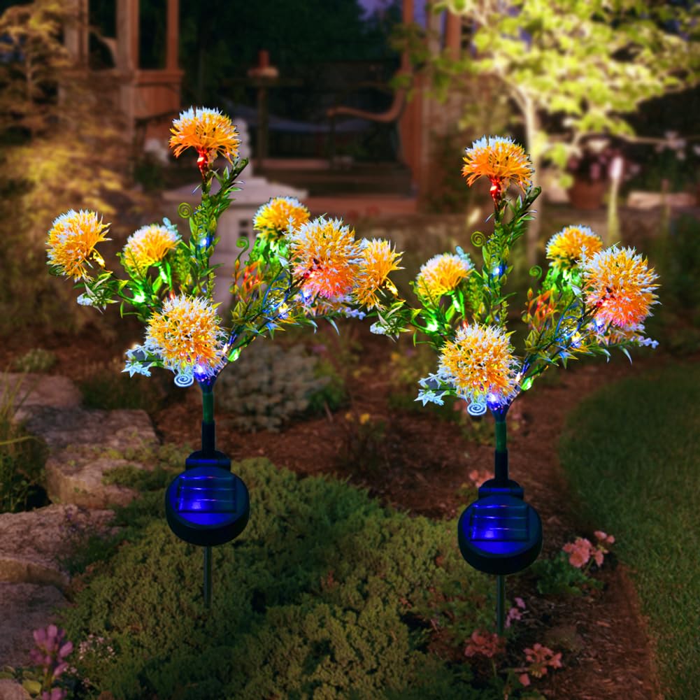 BomKra Solar Lights Outdoor Garden, 2 Pack Dandelion Lights with 7 Heads Solar Fence Lights