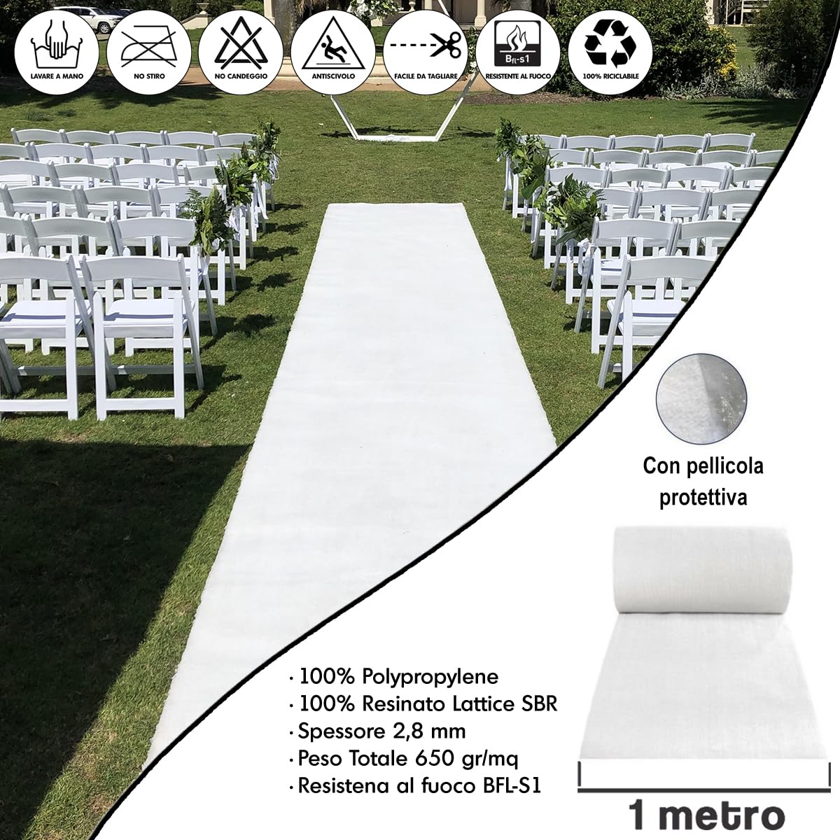 Tappeto Passatoia Per Matrimoni OLIVO.shop - Bianco, Largo 1m, Lungo A Metro, Effetto Moquette - Foto 6
