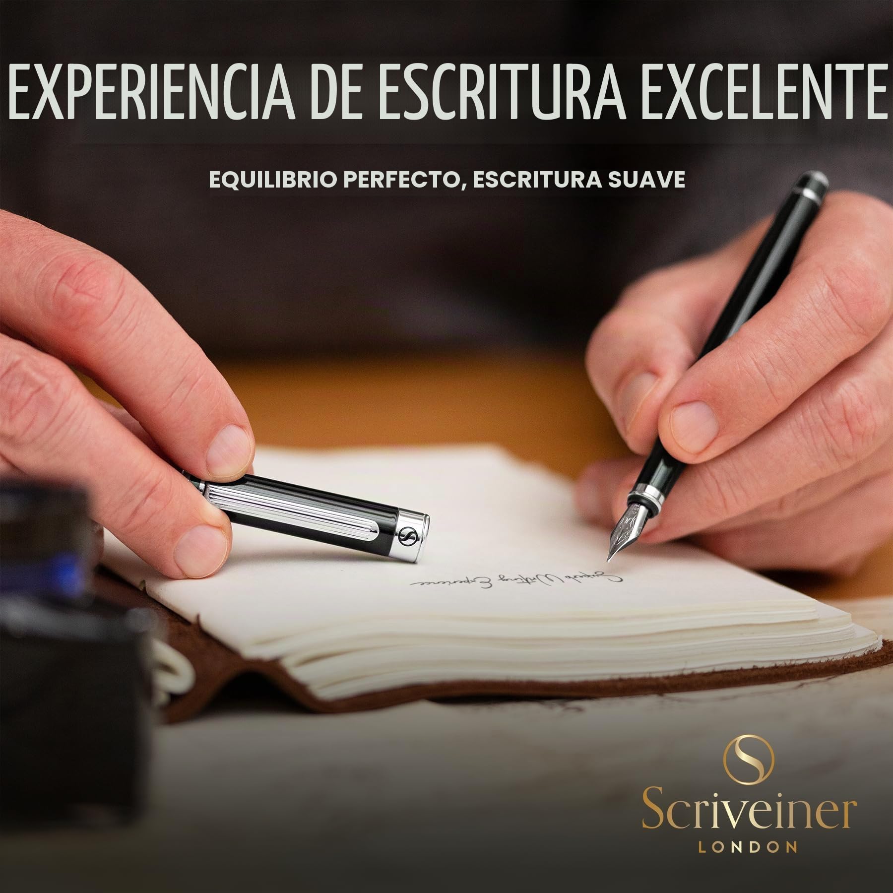 Scriveiner Pluma Estilográfica Negro Verde - Impresionante Pluma de Lujo con Acabado Cromado, Set de Regalo de Escritura para Hombre y Mujer, Profesional, Plumas Buenas - Plumín (Mediano)