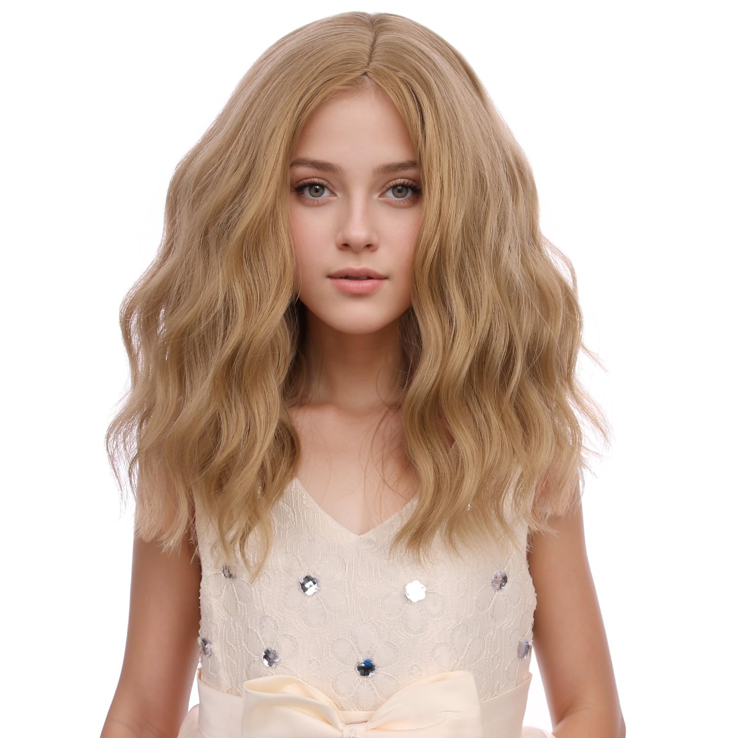 PATTNIUM Kids Child Golden Brown Wig Dirty Blonde Wig for Girls Brown Blonde Wig Short Curly Wavy Wig Side Part Synthetic Wig Cosplay Costume Party with Wig Cap
