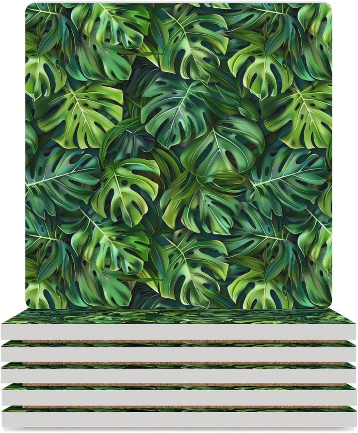 Tropical Pattern with Monstera Leaves Coaster for Drinks Square Ceramic Table Coasters Stone Mat Crafts 4PCS Home Kitchen Decor