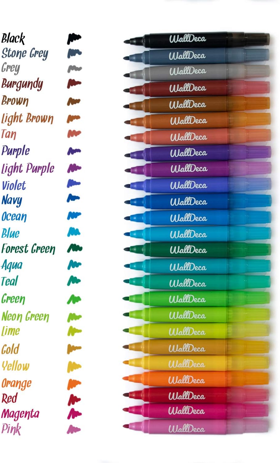 WallDeca Dry-Erase Thick Fine Line Markers, 25 Assorted Colors, Non-Toxic Art Tools for Kids & Toddlers 5+, Easy Clean Up, Won't Stain Hands, Great for Classrooms (25 Pack)