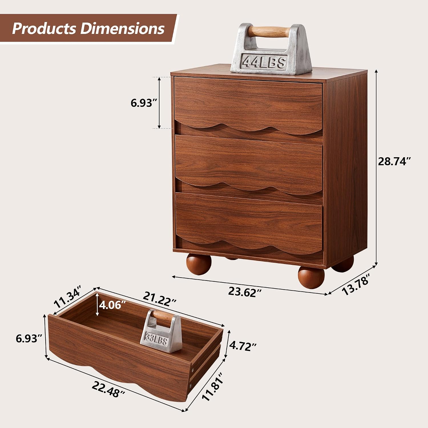 3 Drawer Dresser for Bedroom, 23.6" Walnut Mid Century Modern Wave Front Chest of Drawers with Anti-Tip Device, Handleless Wooden Storage Dresser Organizer for Living Room, Entryway