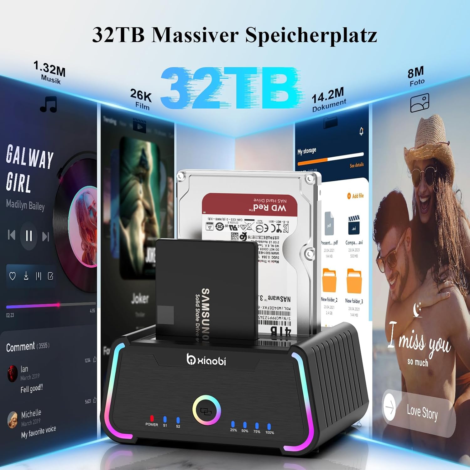Hard Drive Docking Station , USB C Dual Bay Dock for 2.5/3.5" SATA HDD SSD, Hard Drive Reader Up to 5Gbps, Support UASP Offline Clone Function