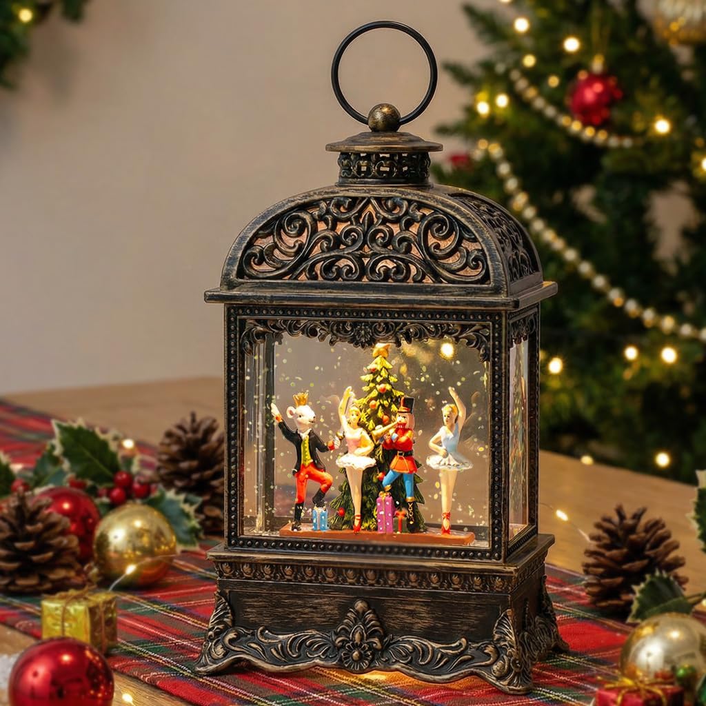 Christmas Snow Globe Lantern with Nutcracker Battles The Mouse King，Lighted Swirling Glittering Snow Globes with Music & Timer, Christmas Decorations for Home Tabletop Indoor