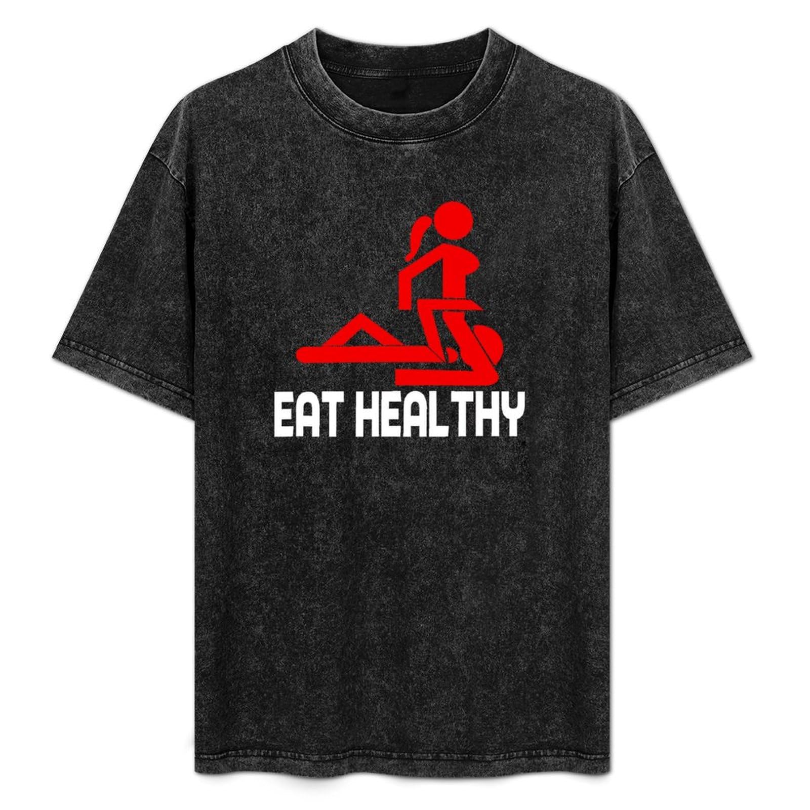 Xueyuyoulan Unisex Black Eat Healthy T-Shirt Printed Tee Graphic Top Men Shirt M