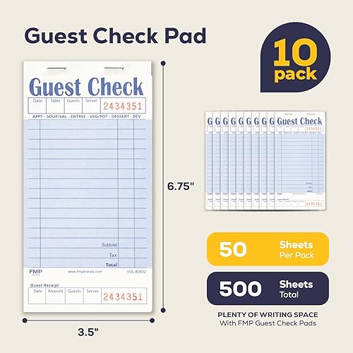 Miniatura 2 de FMP Brands Libros de cheques de invitados para servidores, papel de bloc de notas de servidor, total de 500 hojas (10 blocs), azul con recibo