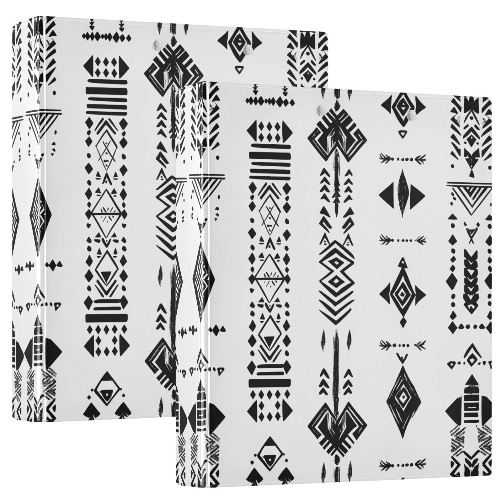 Confezione da 2 raccoglitori a 3 anelli, motivo geometrico azteco, 3,8 cm, con 3 tasche trasparenti, portablocco e contiene 200 fogli, per ufficio, scuola, organizzazione domestica