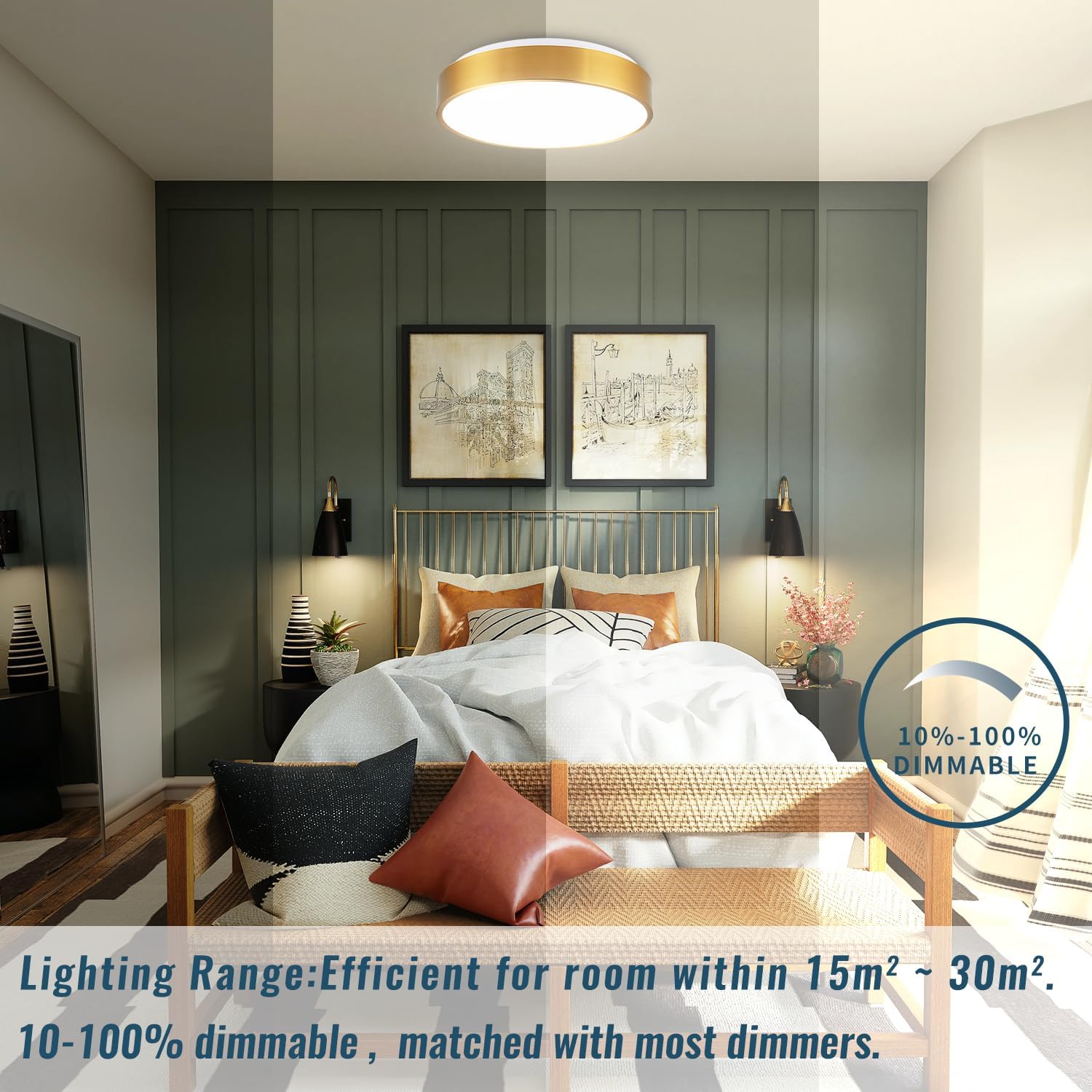 Gold Ceiling Light Flush Mount 15 inch, LED Light Fixtures Ceiling Mount 36W, Dimmable Close to Ceiling Light Overhead 5CCT for Living Room, Kitchen, Bedroom, Bathroom