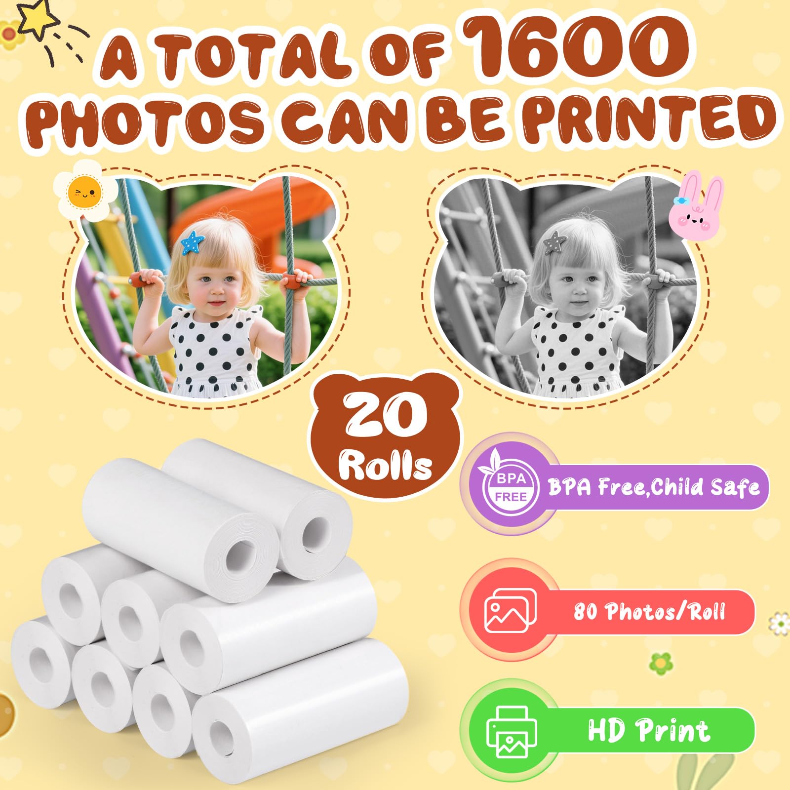 Diboniur 20 rolek papieru termicznego do aparatu dla dzieci, natychmiastowy papier fotograficzny do aparatu, natychmiastowy papier do druku z ładowaniem aparatu dziecięcego