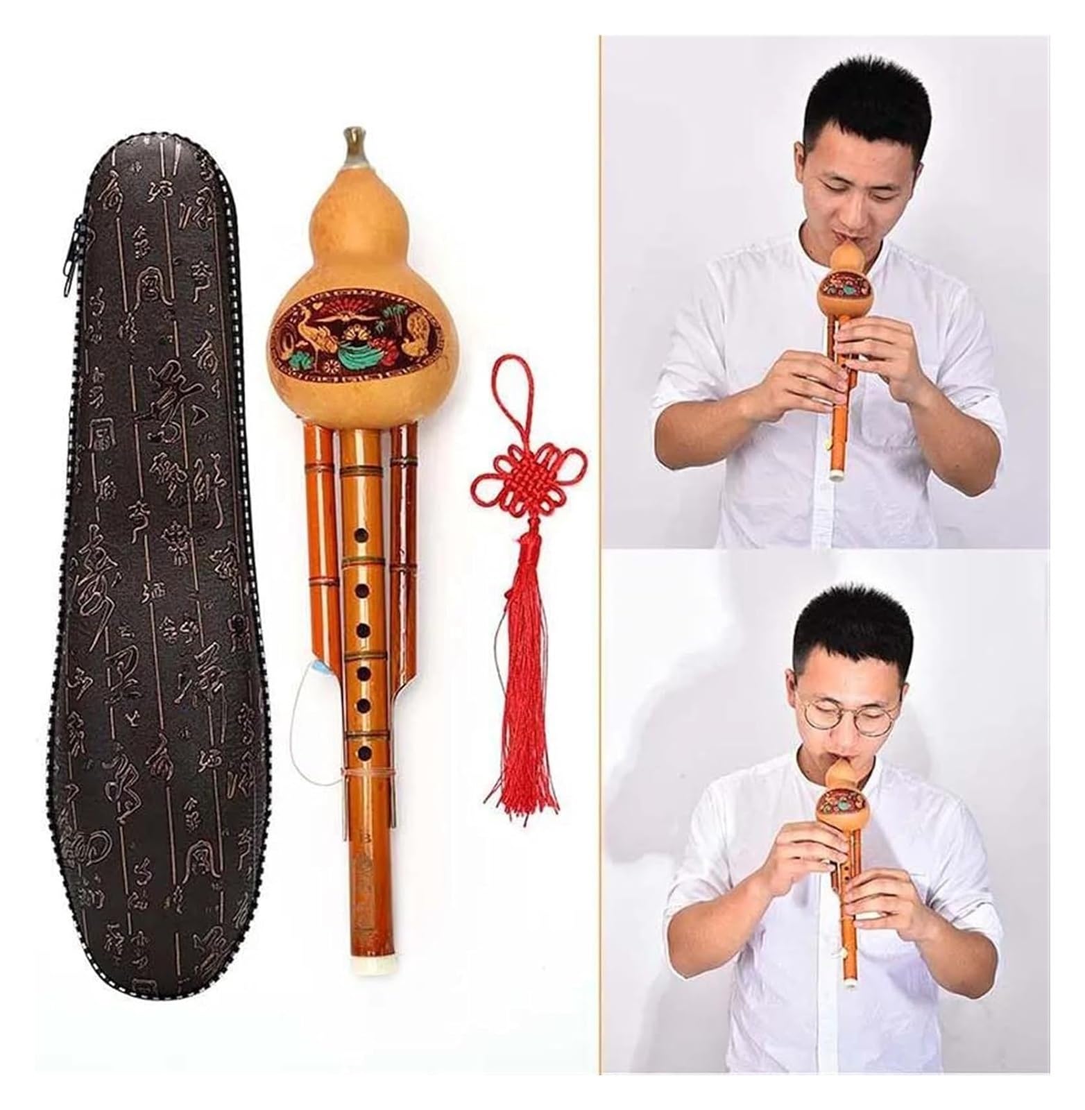 Holzwerkzeuge Nationalinstrumente Hulusi-Flöte, chinesisches handgefertigtes Hulusi-Kürbis-Cucurbit-Flöten-Ethno-Instrument mit Etui