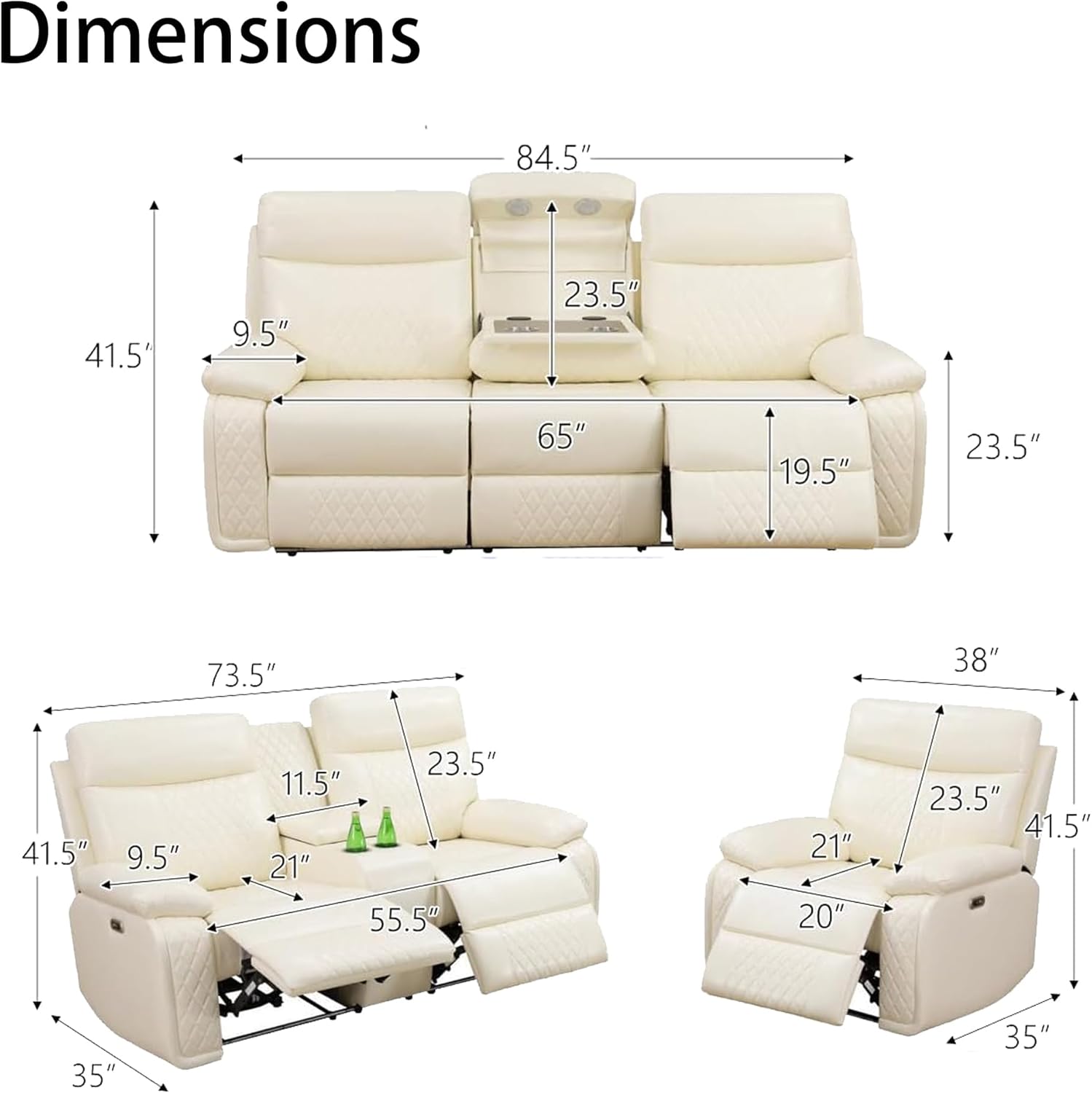 3 Piece Living Room Set Breathing Leather Power Recliner Sofa Loveseat and Chair with USB Ports, LED Lighting and Cup Holders Home Theater Seating for Living Room (Off White)