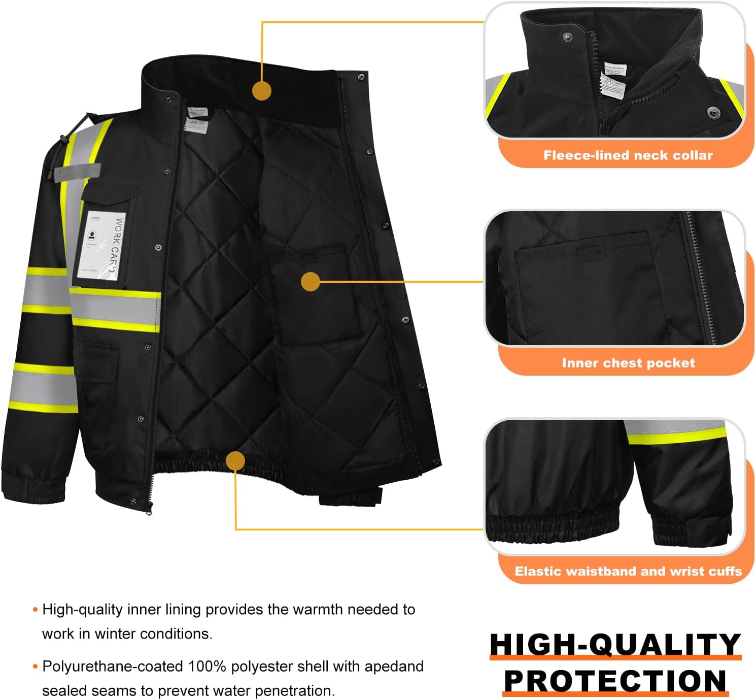 Waterproof Hi Vis Safety Jackets for Men, High Visibility Reflective Jacket with Pockets, Long Type Rain Coats for Winter Construction with Black Bottom, Class 3, DJK-Black X-Large - Image 4