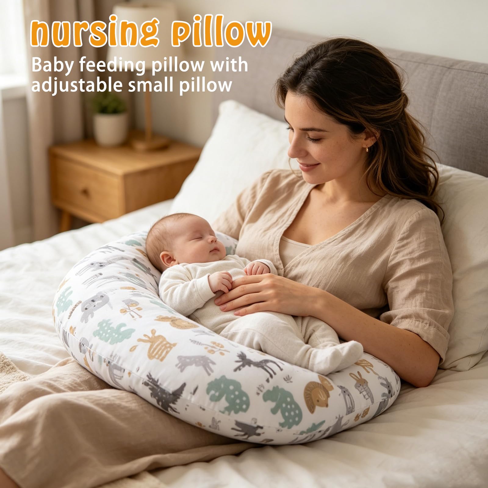 BORDEAG Petit coussin d'allaitement pour nouveau-né, 53 x 40 cm, petit coussin d'allaitement avec housse, coussin d'allaitement pour l'allaitement et le soin de bébé, motif parc animalier