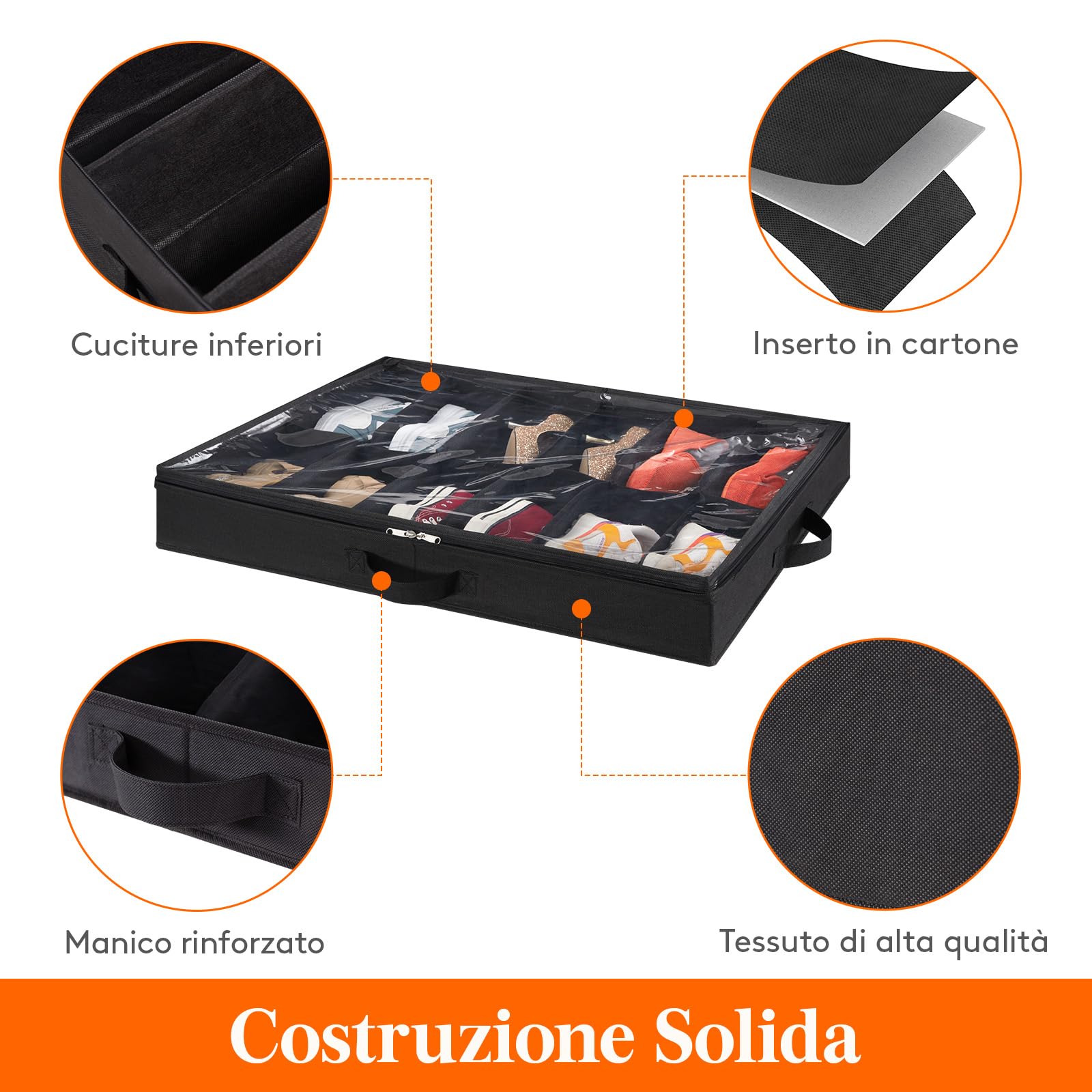 Lifewit Scatole per Scarpe con Finestra Trasparente, 12 Paia + 4 Paia, Contenitori Portaoggetti Pieghevole Sottoletto per Scarpe, Organizer per Scarpe con Manici Salvaspazio, Nero