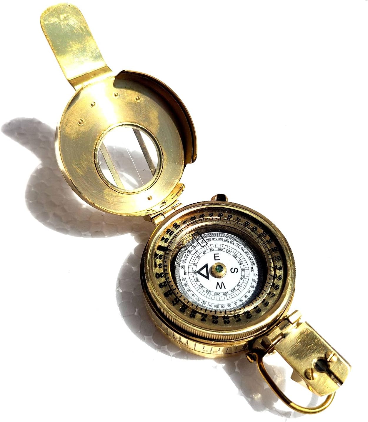 Vintage Brass Military Compass, Gold, Foldable Sighting Navigation Instrument with Degree Markings