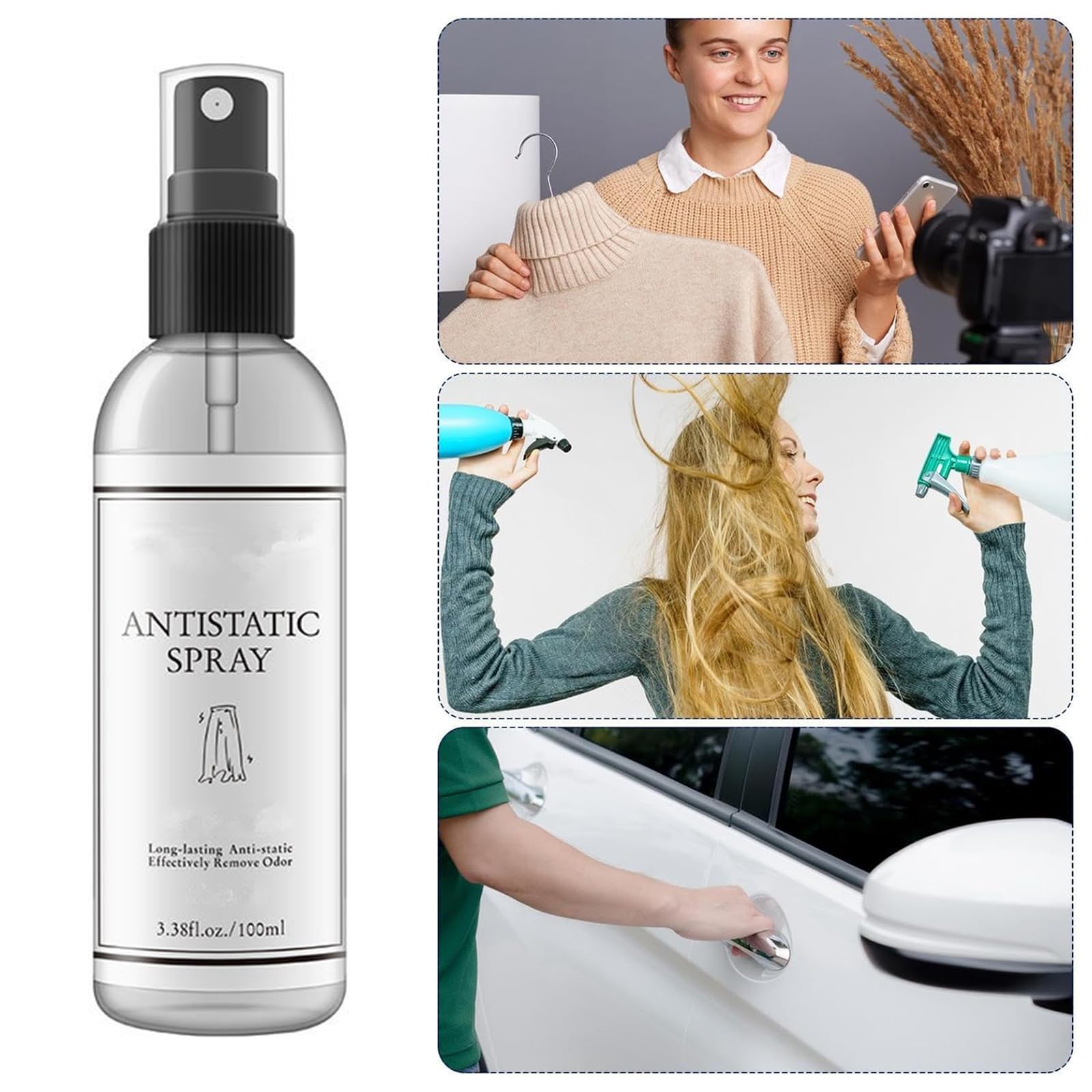 Spray Antistatico,Anti Static Spray,Antistatico per Tessuti,per Vestiti e Auto,Vestiti,Tessuti E Automobili,Effetto Anti Statico Rapido,100ml