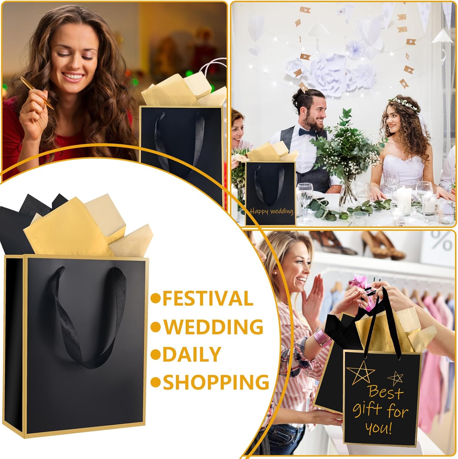 IWOLOMI 24 Pack Metallic Paper Gift Bags with Handle and Tissue Paper, 5 Senses Gift Bags for Him Her with Labels Thank You Bag for Wedding Bridal Valentines Day Gifts Bag 9 x 4 x 7''(Black Gold) - Image 7