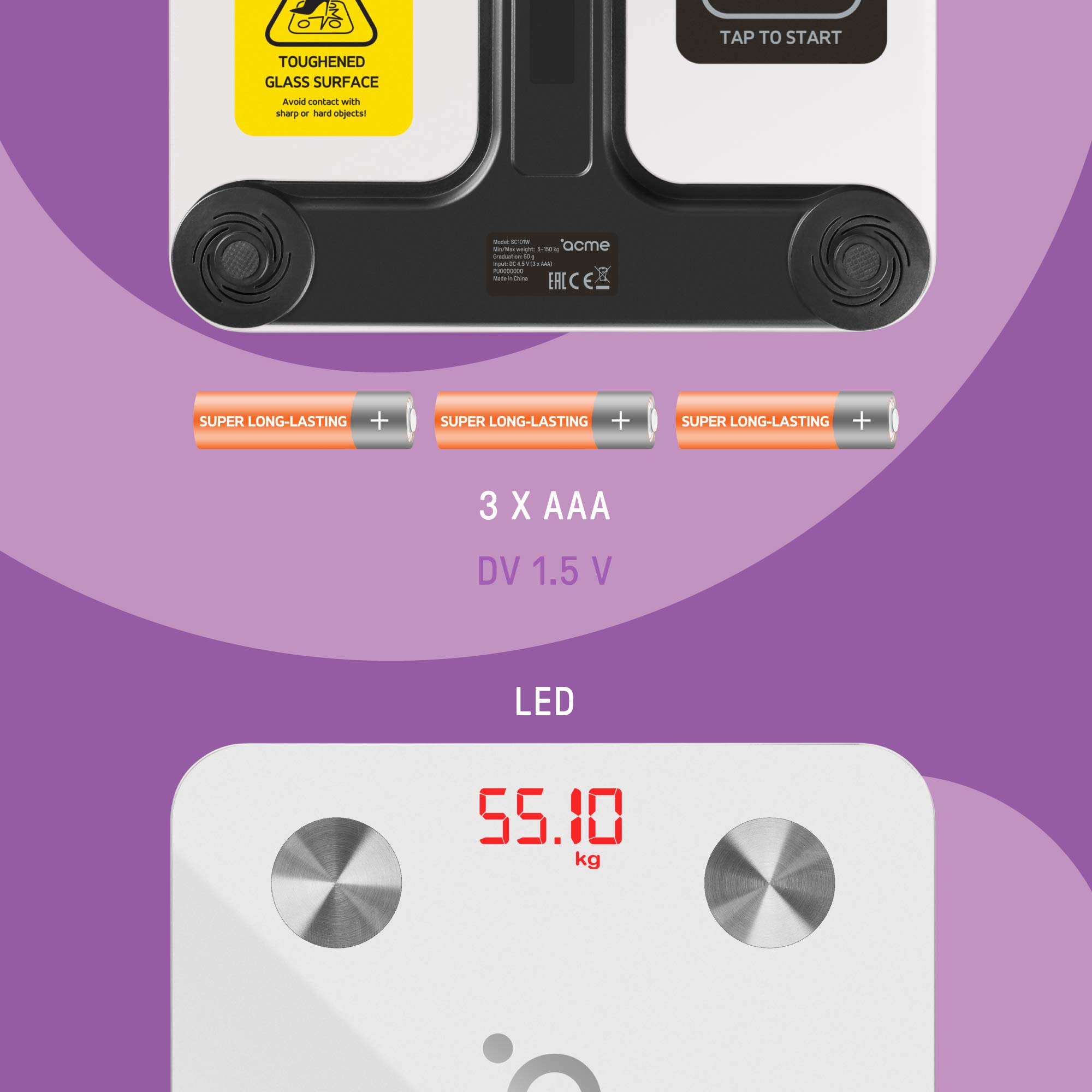 acme SC101W Pèse Personne Impédancemètre I Balance Connectée I Balance Pese Personne I Bluetooth, La Masse Graisseuse, l’IMC et le MB (métabolisme de base)