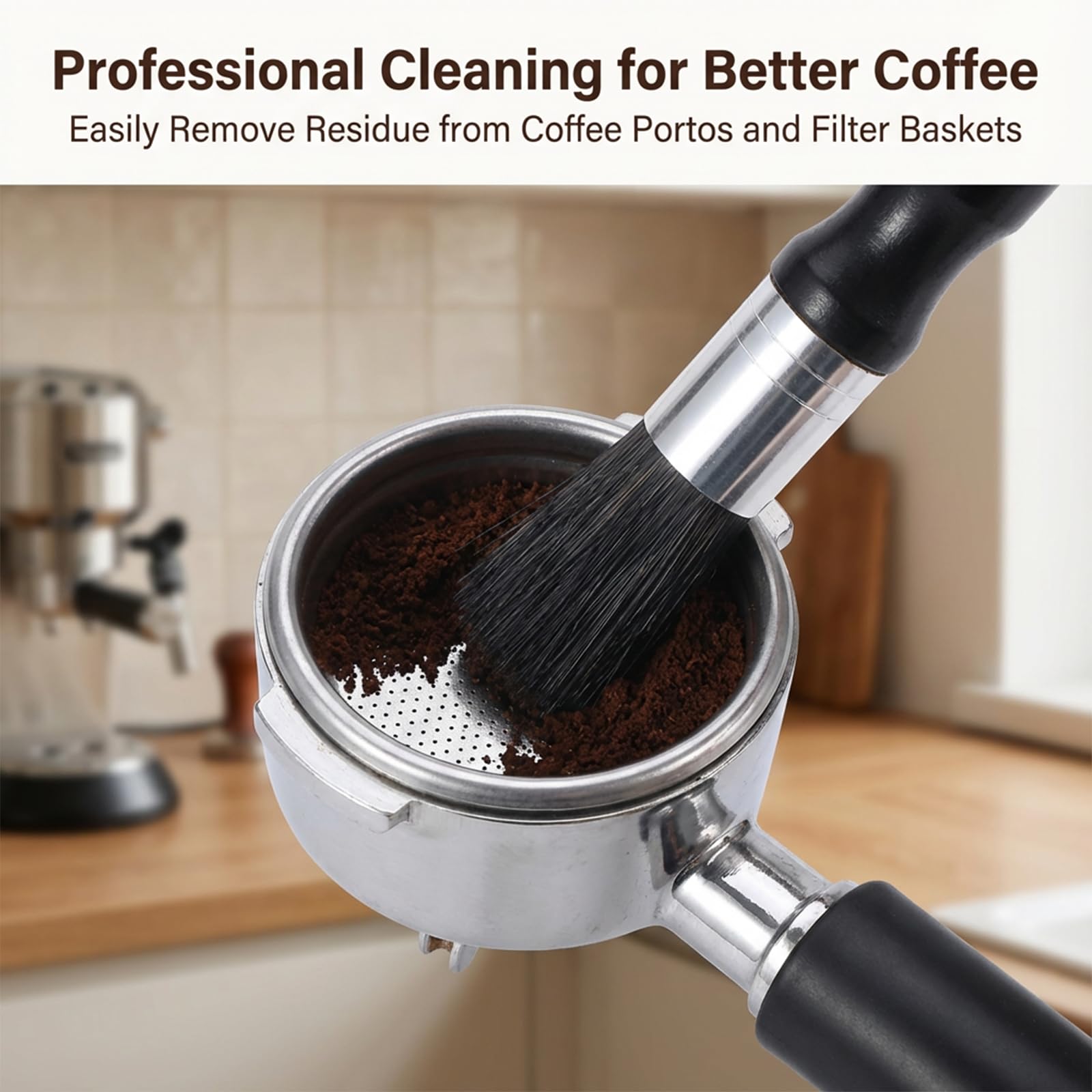 TIESOME Szczotka do czyszczenia ekspresu do kawy dla baristy, trwałe narzędzie do czyszczenia z ergonomicznym uchwytem, drewniana szczotka woskowa do ekspresów do espresso i młynków do kawy (czarna)