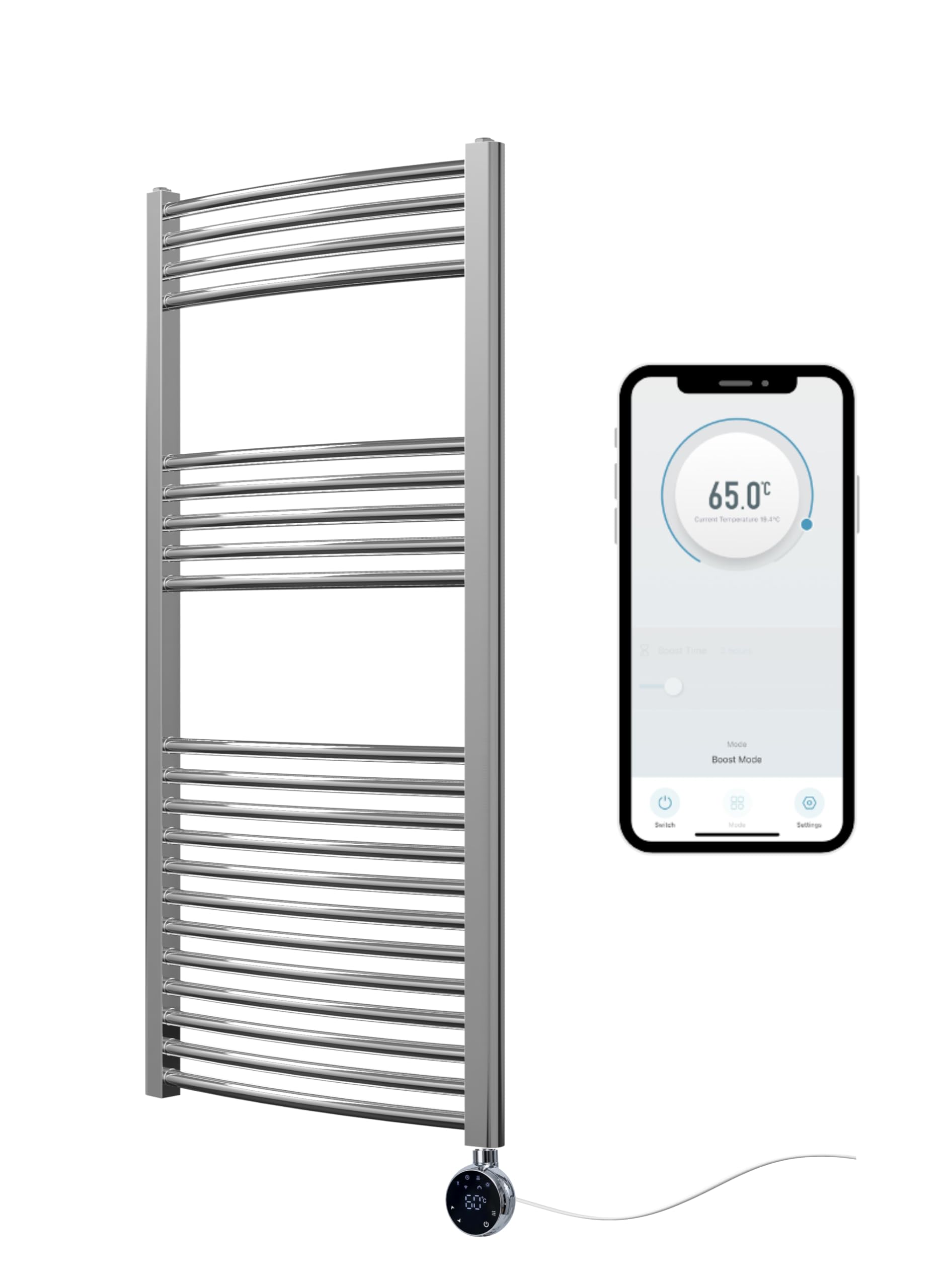 Greened House Chrome Electric WiFi Heated Towel Rail 500mm W x 1200mm H