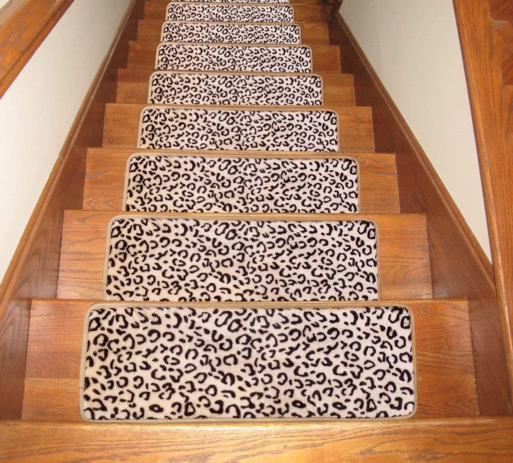 Seloom Stair Treads Carpet Non-Slip with Skid Resistant Rubber Backing Specialized for Indoor Wood Steps, Removable Washable Step Floor Rugs for Stairs (25.5x9.5 Inch, 13 Pieces, Leopard)