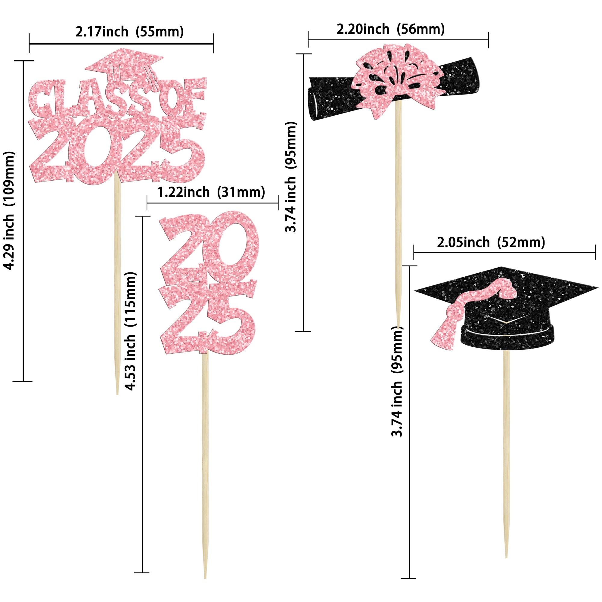 Ephlyn 36Pcs 2025 Graduation Theme Cupcake Toppers Glitter Class of 2025 Congrats Grad Diploma Graduation Cap Cupcake Picks for 2025 Graduation Theme Party Cake Decorations Supplies Pink - Image 2