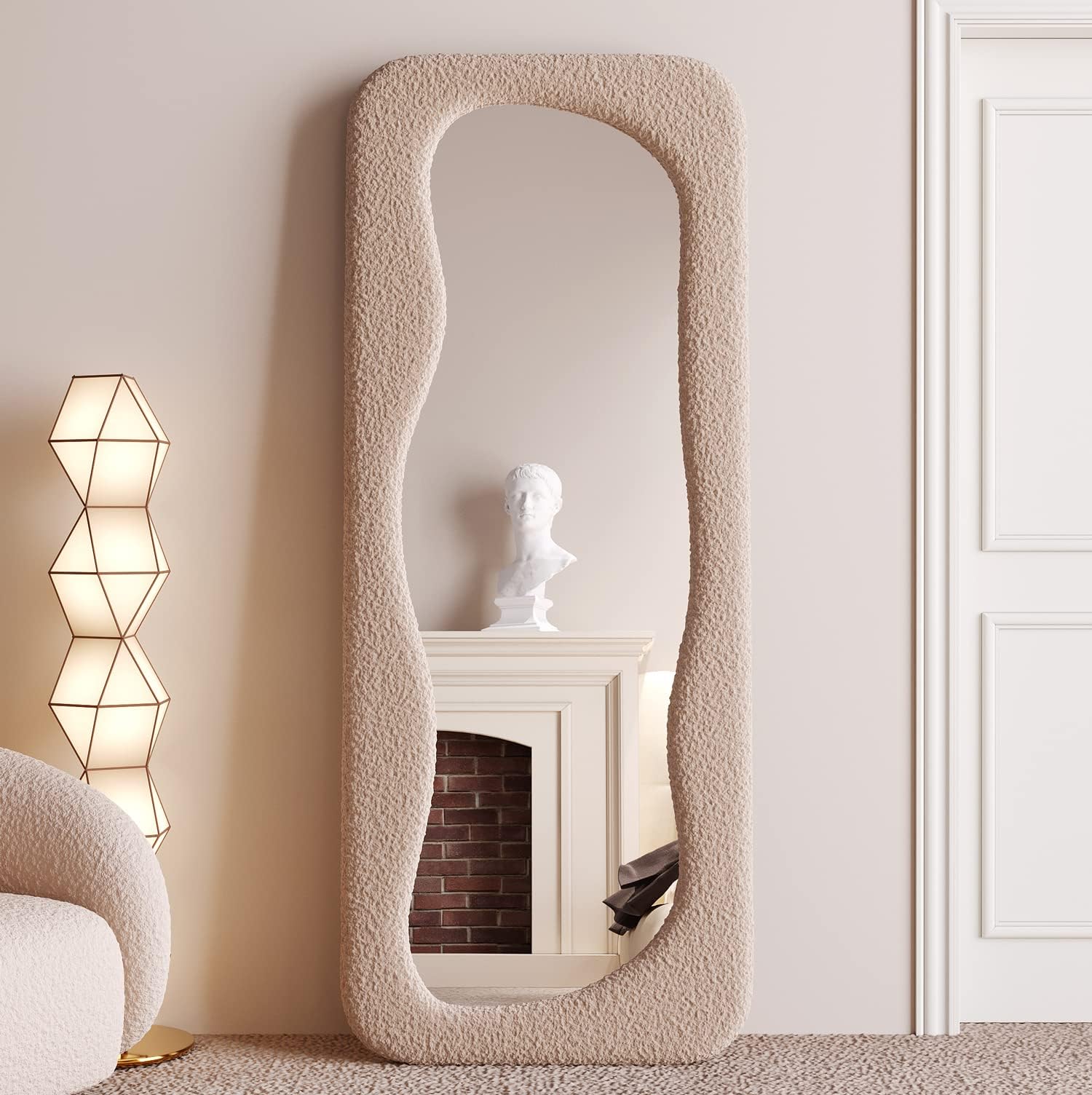 BOJOY Full Length Mirror,63"x24" Irregular Wavy Mirror, Asymmetrical Mirror, Wave Arched Floor Mirror, Wall Mirror Standing Hanging or Leaning Against Wall for Bedroom -Milk Tea Color