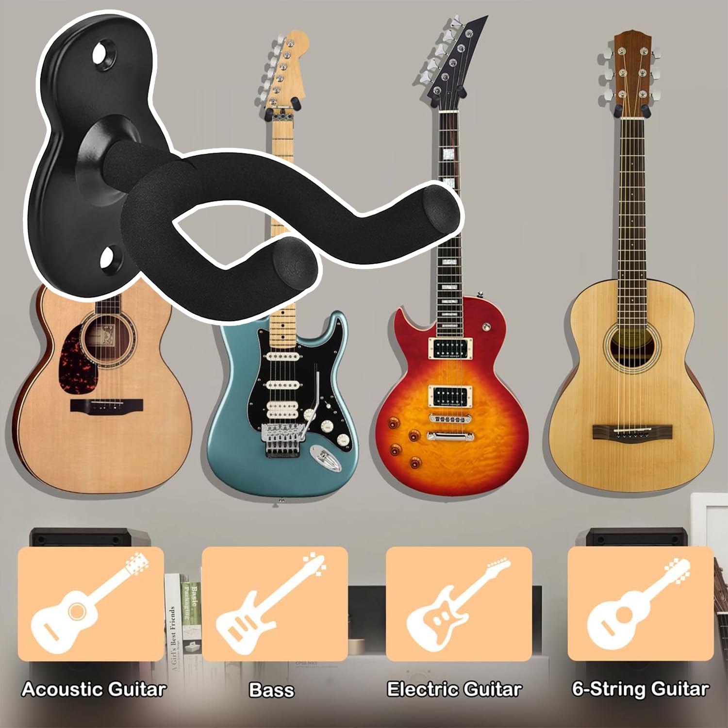 Ahlsen 6 Stück Schwarze Gitarren-Wandaufhängung, Gitarrenhaken