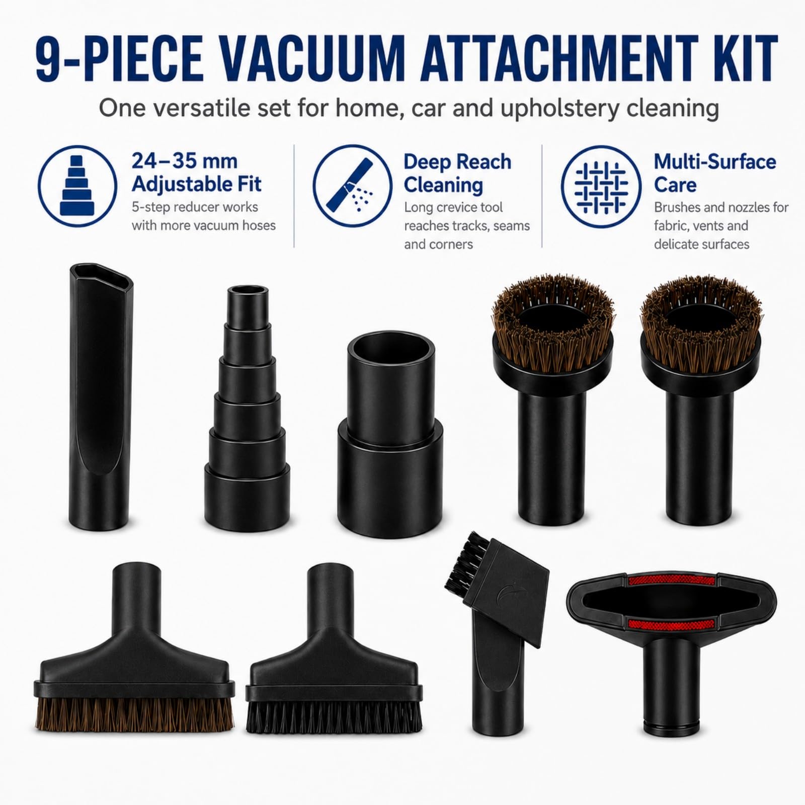 Staubsauger Zubehör Set 9Teile für Miele Dynamic U1 Powerline 41HCE001USA | 5-Stufen Adapter | 9 Multifunktions-Düsen | Rosshaarbürsten,Fugendüse,Polsterdüse | Für Viele Staubsauger | Robustes ABS