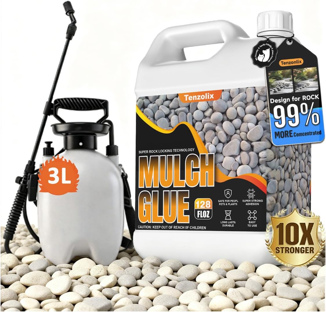 Mulch Glue for Landscaping – Rock & Gravel Binder, Fast-Drying Landscape Glue to Lock Mulch&Pebbles – Long-Lasting Non-Toxic, Weather-Resistant for Gardens, Paths (1 Gallon + Garden Sprayer)
