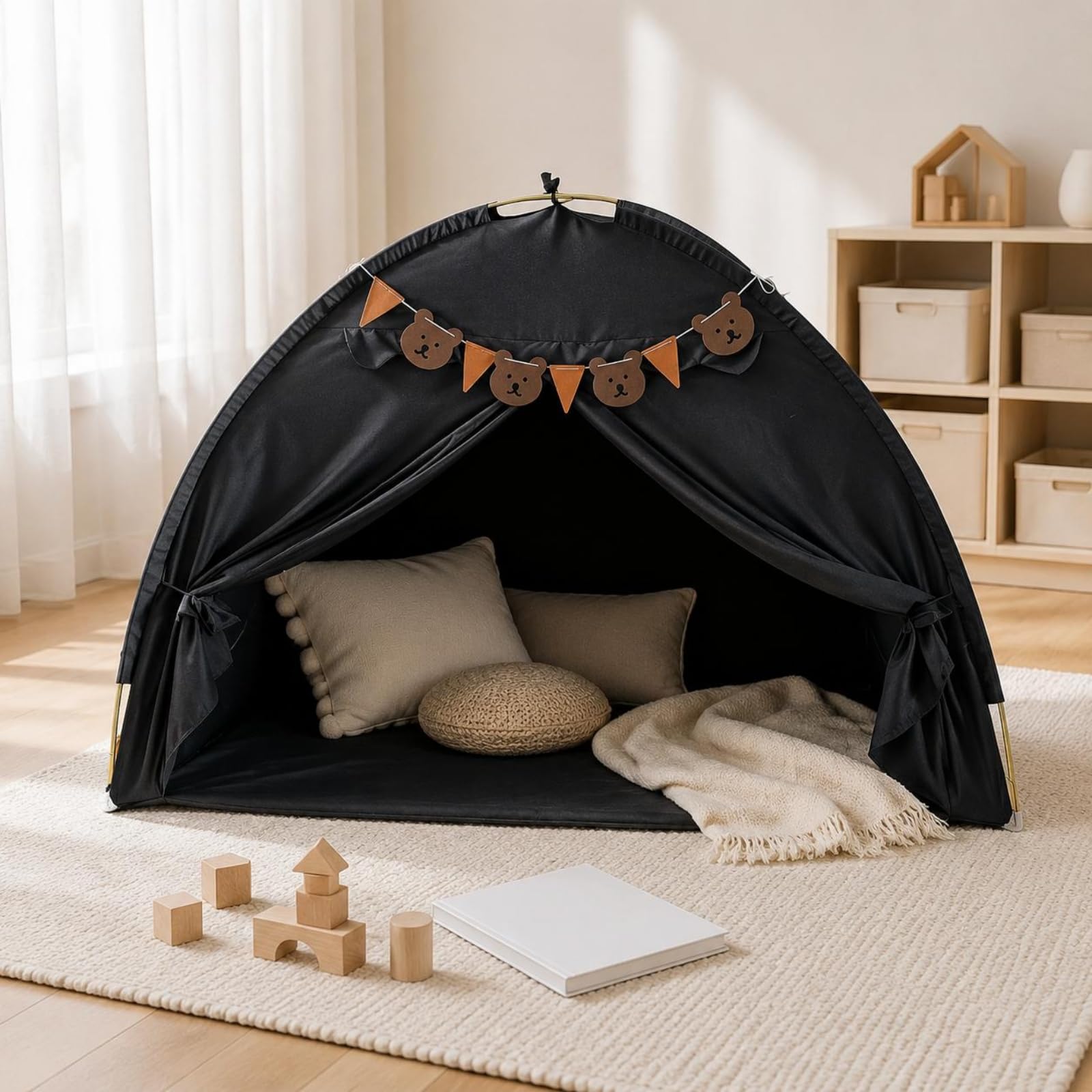 Tenda Gioco Bambini Tenda Giochi Bambini Capanna Bambini Ampia E Accogliente per Area Gioco E Lettura Materiale Vellutato Pesca Adatta per Lettura, Nero