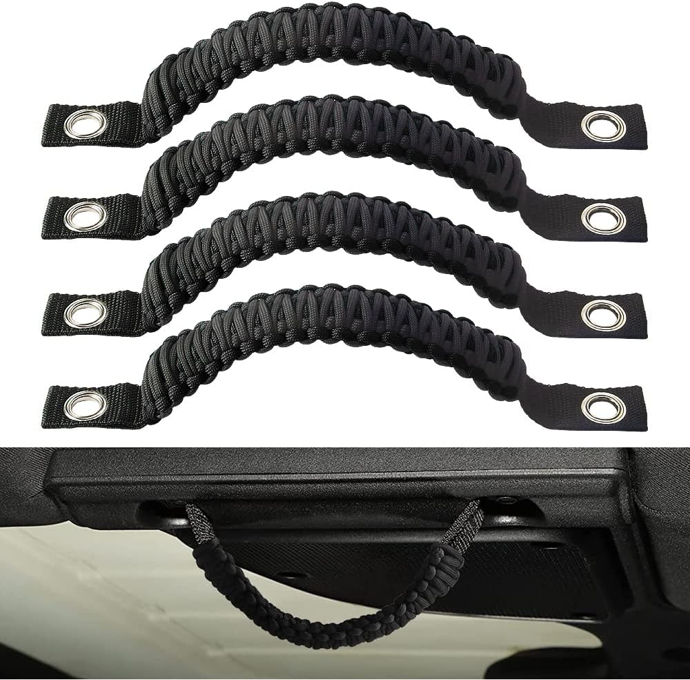 Sidaqi 4 x Paracord Grab Handles Compatible with Wrangler JK JKU JL JLU JT Accessories Universal Roll Bar Grab Handles Replacement for Wrangler Grip Handle (Black)