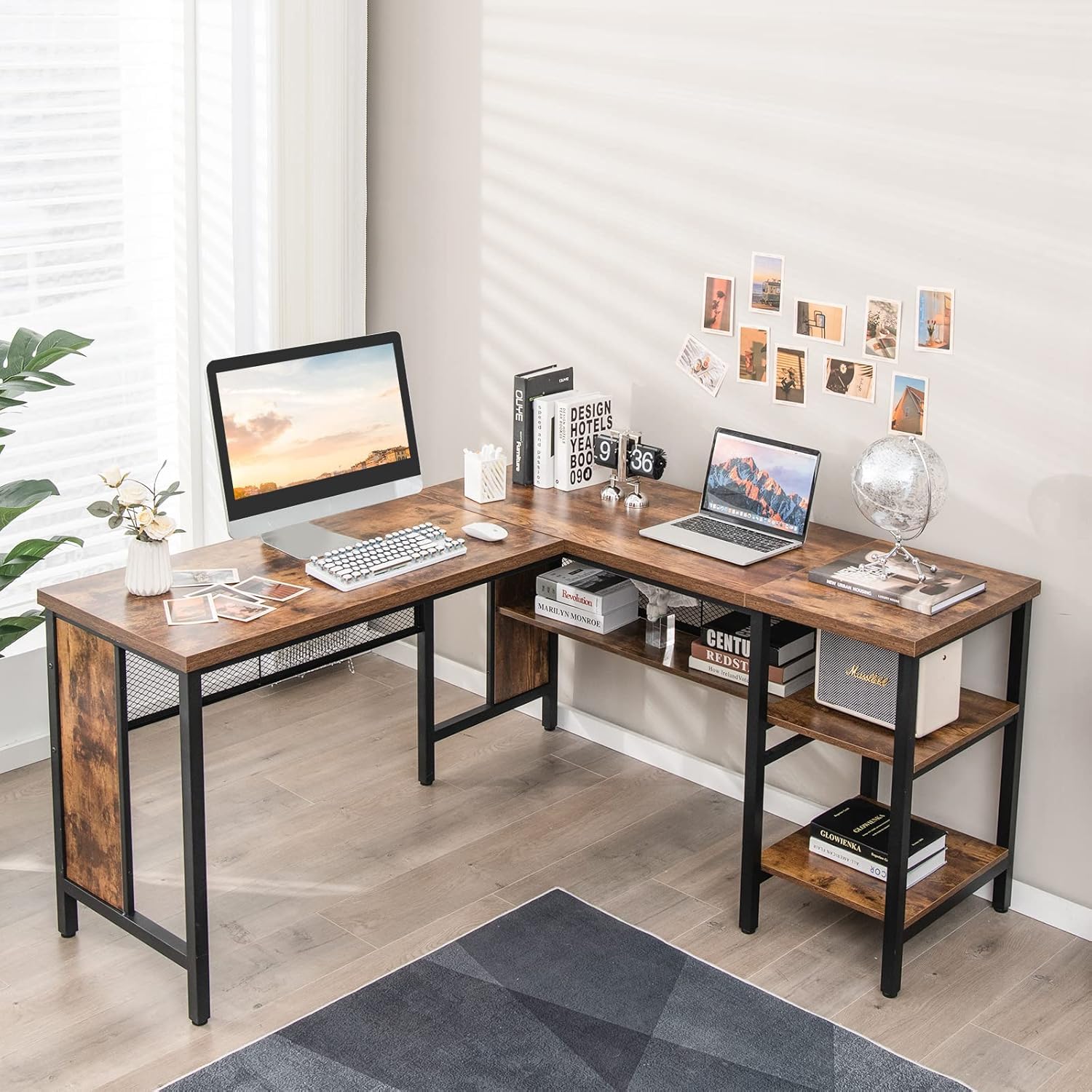DESKIZIA L Shaped Office Desk for Home | Wooden Computer Desk with Bookshelf & Storage Shelves | Study Table and Workstation for Home Office | Laptop Table | Rustic Brown | 150x140x75 CM