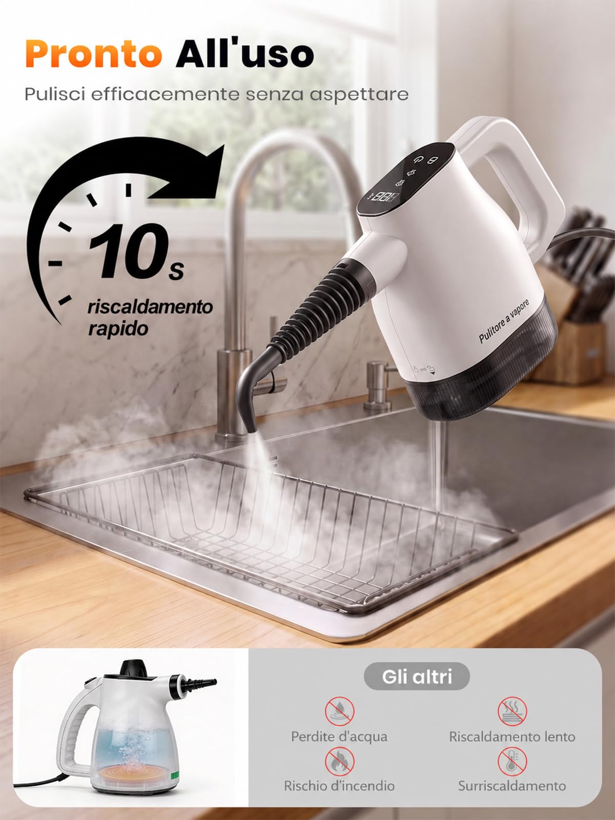 Pulitore a vapore portatile a pressione con display touch intelligente, 1350 W, riscaldamento rapido in 10 s, bianco