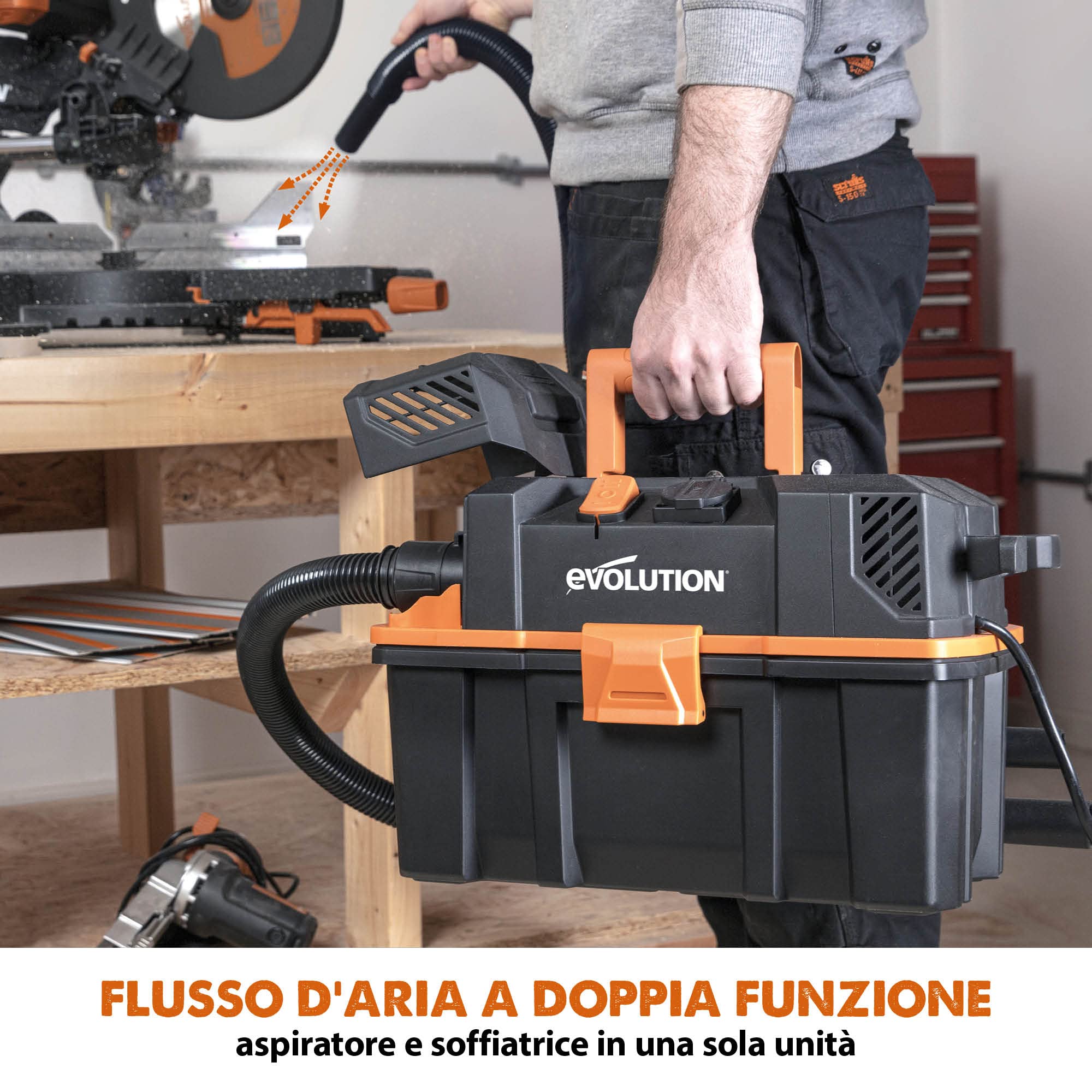 Evolution R15VAC Aspiratore polvere a secco e a umido con presa di potenza - Potente motore da 1.000 - Flusso d'aria a doppia funzione, aspiratrucioli legno, aspirapolvere professionale