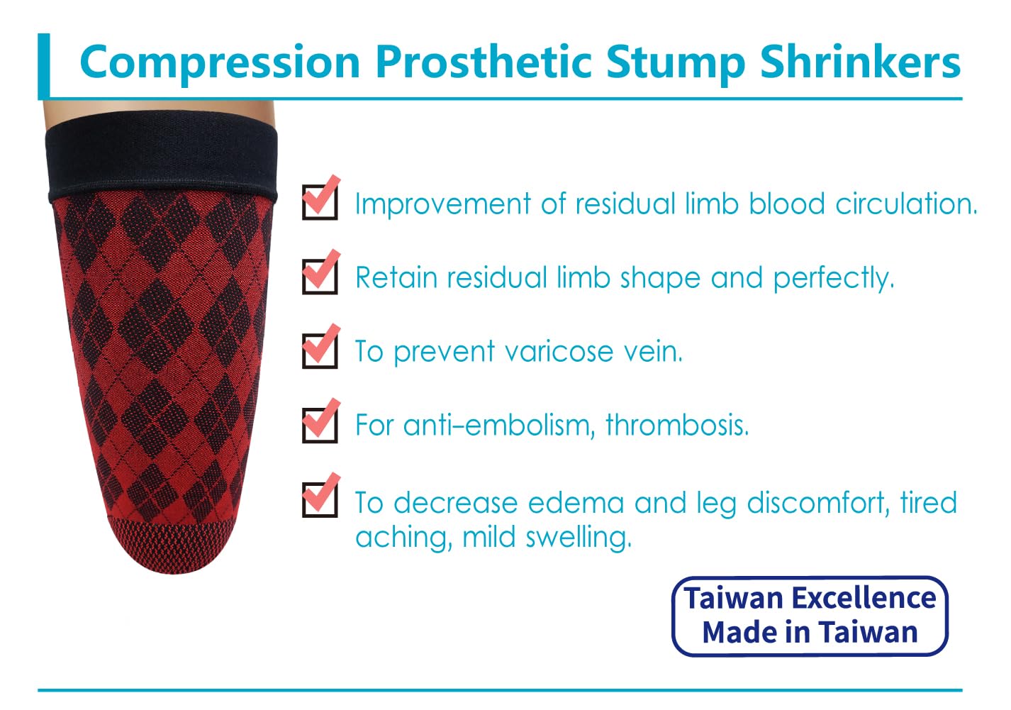 Prótesis reductoras de muñón - Por encima de la rodilla, 35cm, compresión, 20-30, calcetines para amputados, patrón de tartán, excelencia de Taiwán