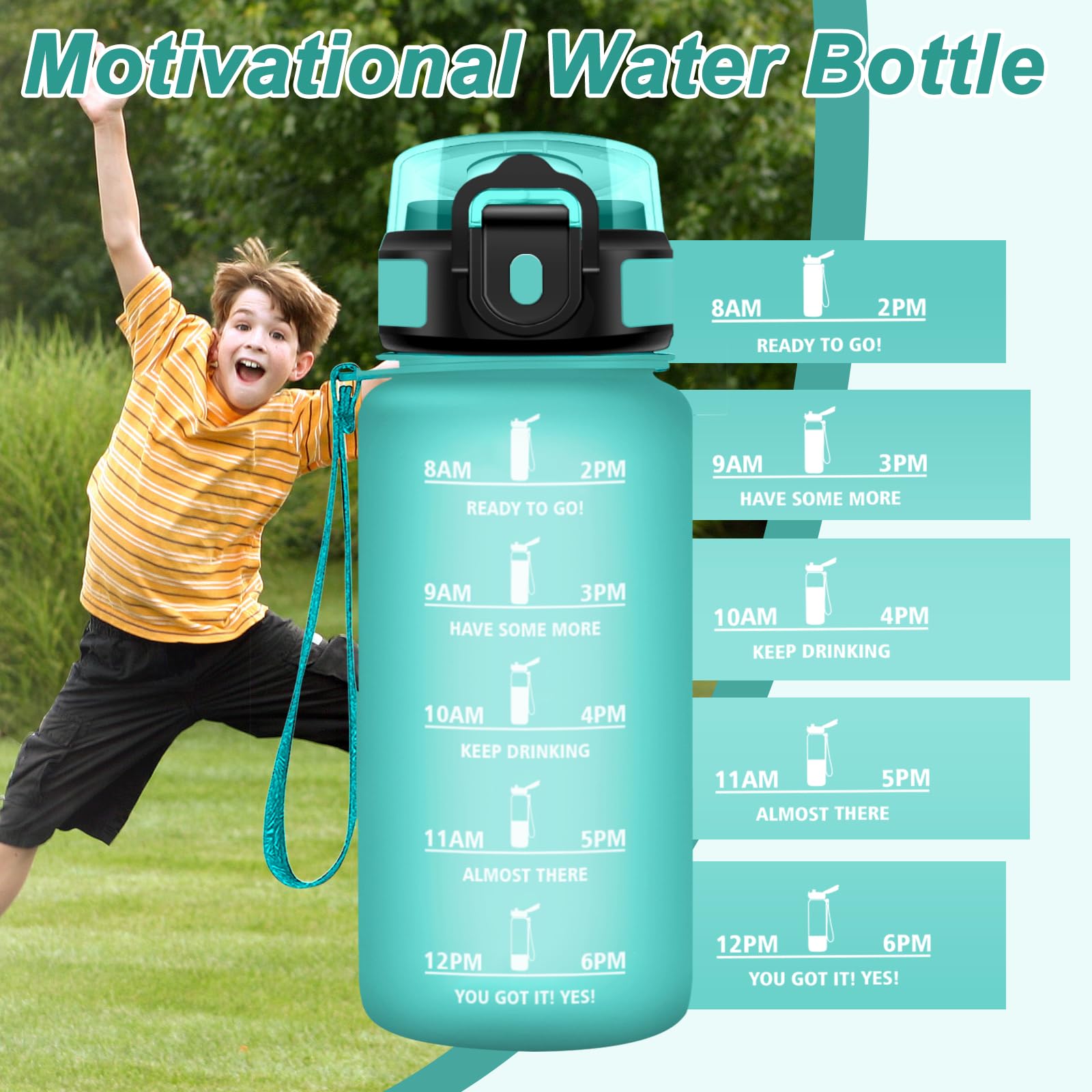 JAPORIA Borraccia 500ml, Borraccia con Cannuccia, Bottiglia Acqua, Bottiglia con Marcatori Temporali, senza BPA, per Scuola, Ufficio, Sport