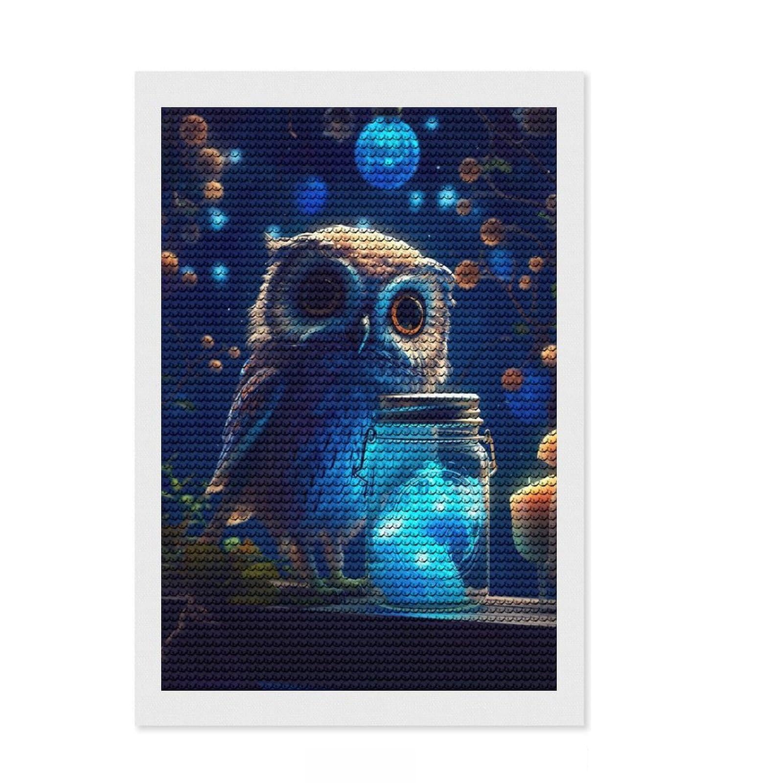 Junmoney Cute Owl Luminous Glow Diamond Style Art Kit 8"x12", Round Gems, Mindful Craft Project, Thoughtful Present, Aesthetic Room Decor