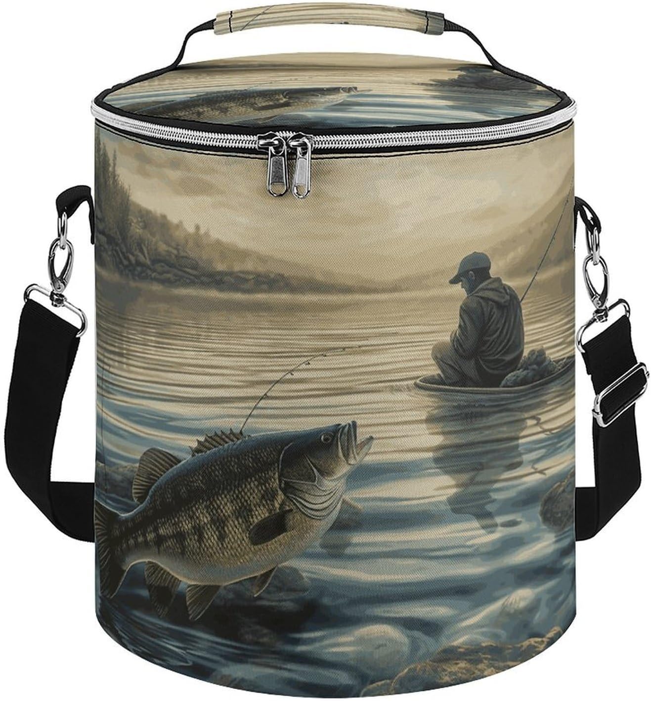 Lake Fish Fishing Lunch Bag 15L, Insulated Picnic Basket with Leakproof Design - Large Cooler Tote for Camping, Beach, Hiking & Groceries