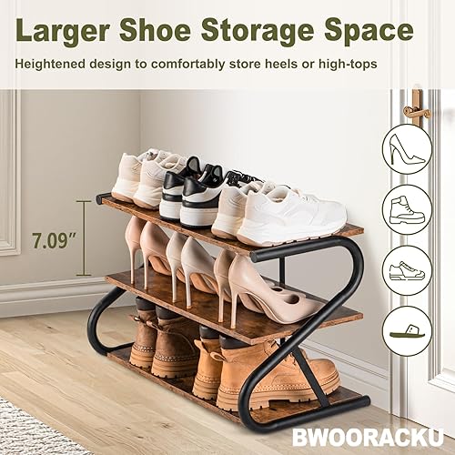 Miniatura 3 de Zapatero de 3 niveles, estante de zapatos en forma de Z, organizador de almacenamiento de zapatos de madera para entrada, dormitorio, pasillo,