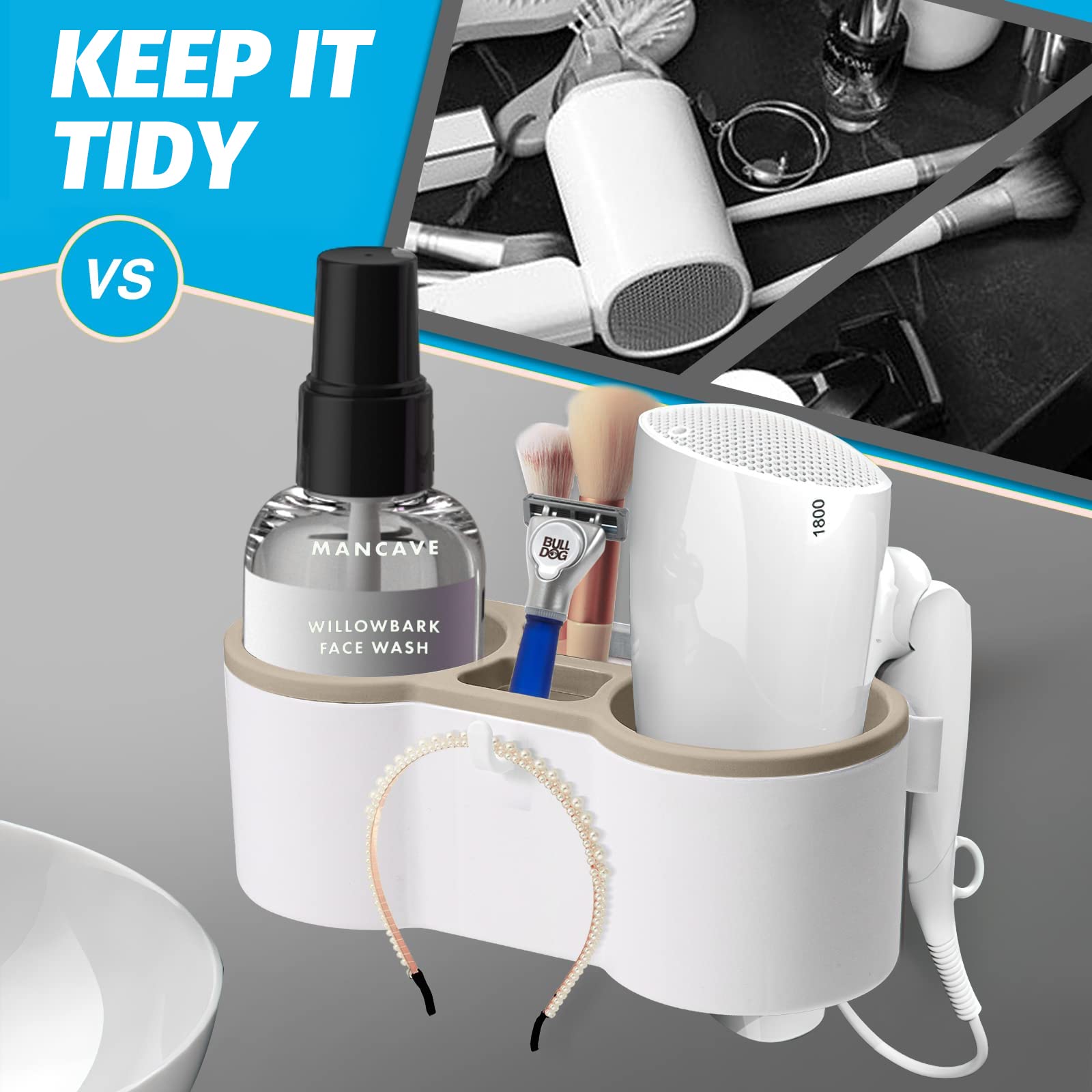 Supporto Parete Per Asciugacapelli Con Portaoggetti - Gancio E Organizer Per Bagno - Foto 8