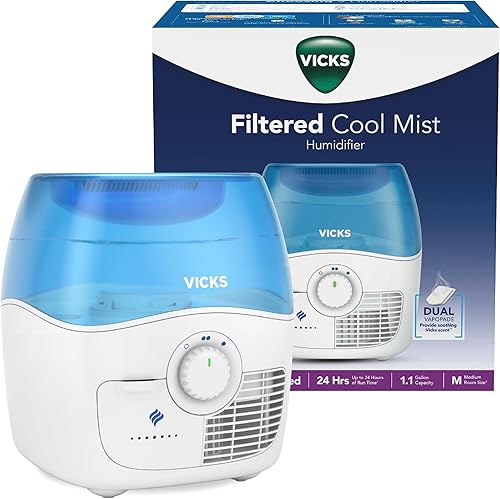 Vicks Humidificador de niebla fría filtrada, habitación media, tanque de 1.1 galones, humidificador para habitaciones de bebés y niños, dormitorios