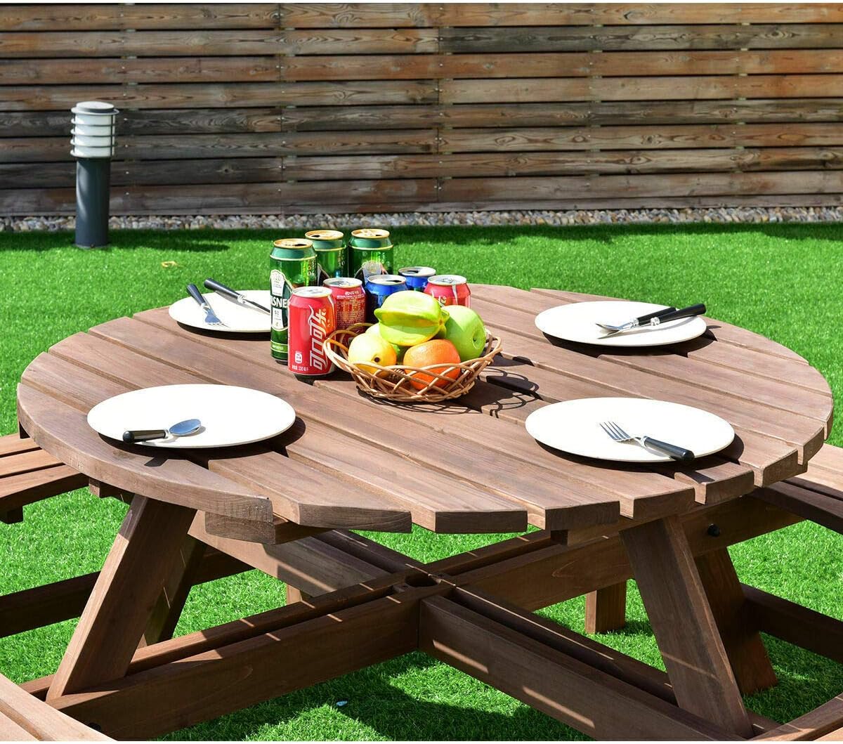 Casual Group Party Banquet Bar Fir Wood Brown Antique Style Outdoor Pub Patio Picnic Dinner Table Set with 8 Person Seats