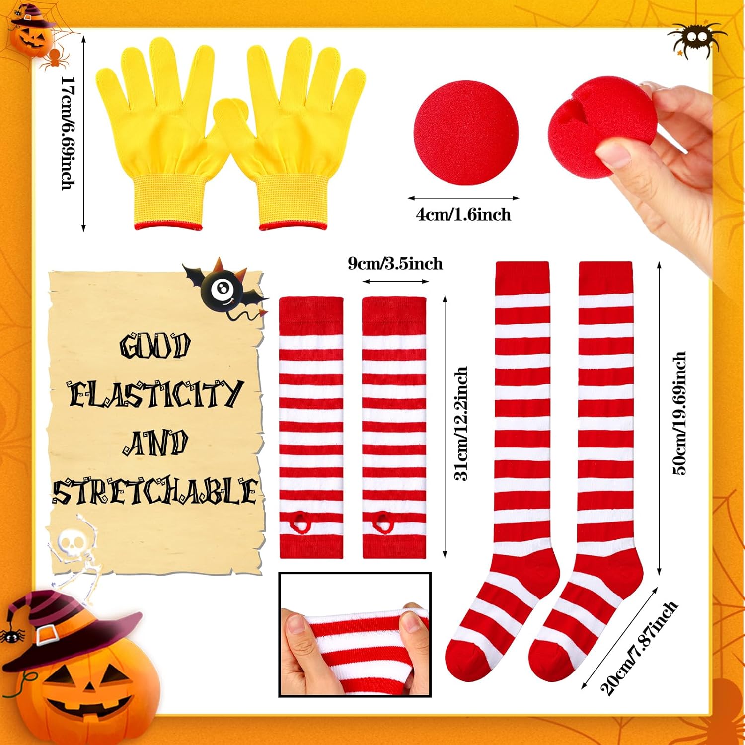6 Pcs Halloween Fast Food Clown Costumes Accessories Includes Wig Gloves Red White Striped Stockings and Arm Sleeves Sponge Nose Adjustable Necktie Red Yellow Clown Outfits for Women Cosplay - Image 2