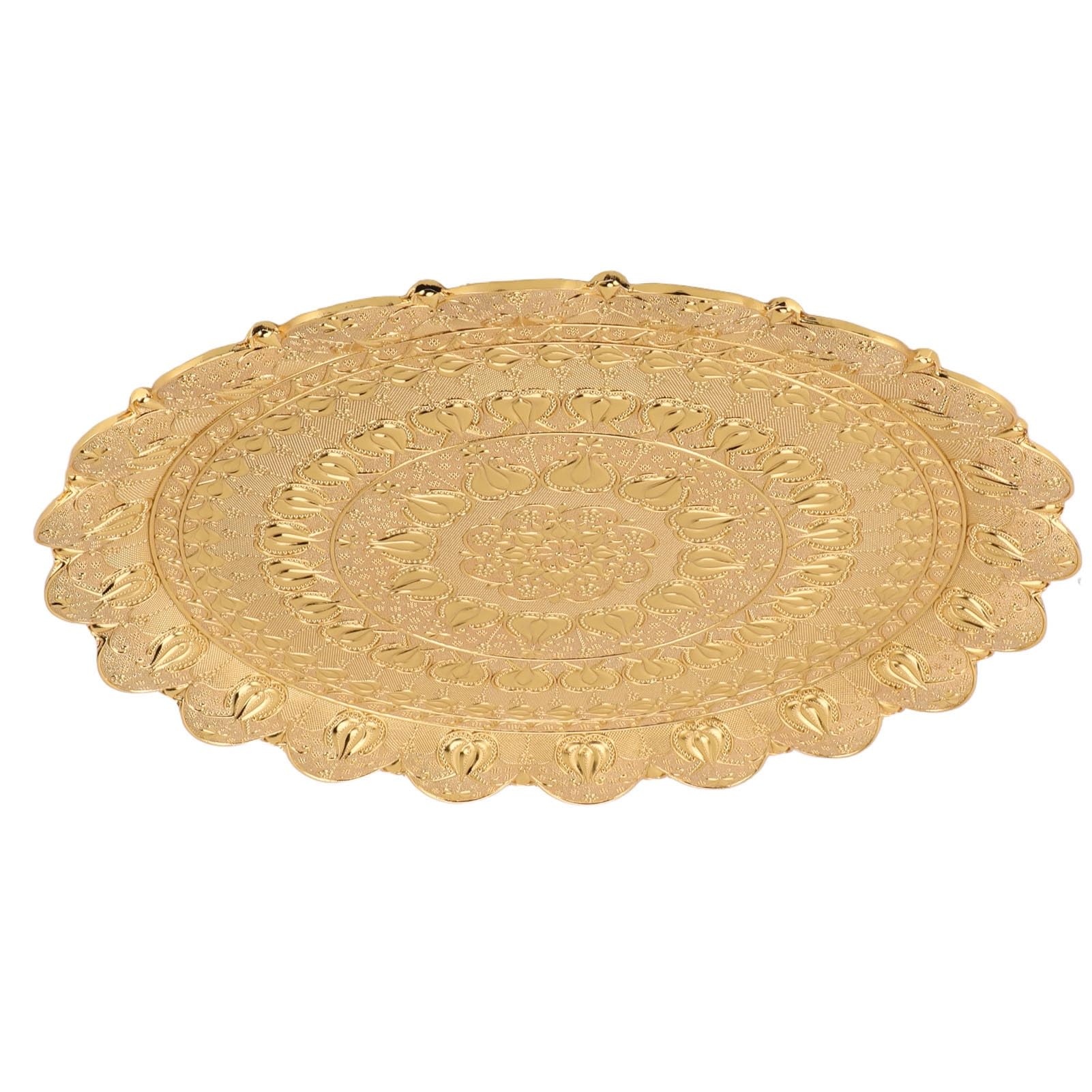 Vassoio da portata per tè e caffè turco, stile vintage, design in rilievo, piatto rotondo in metallo per uso domestico ed esterno, 35 cm (oro)